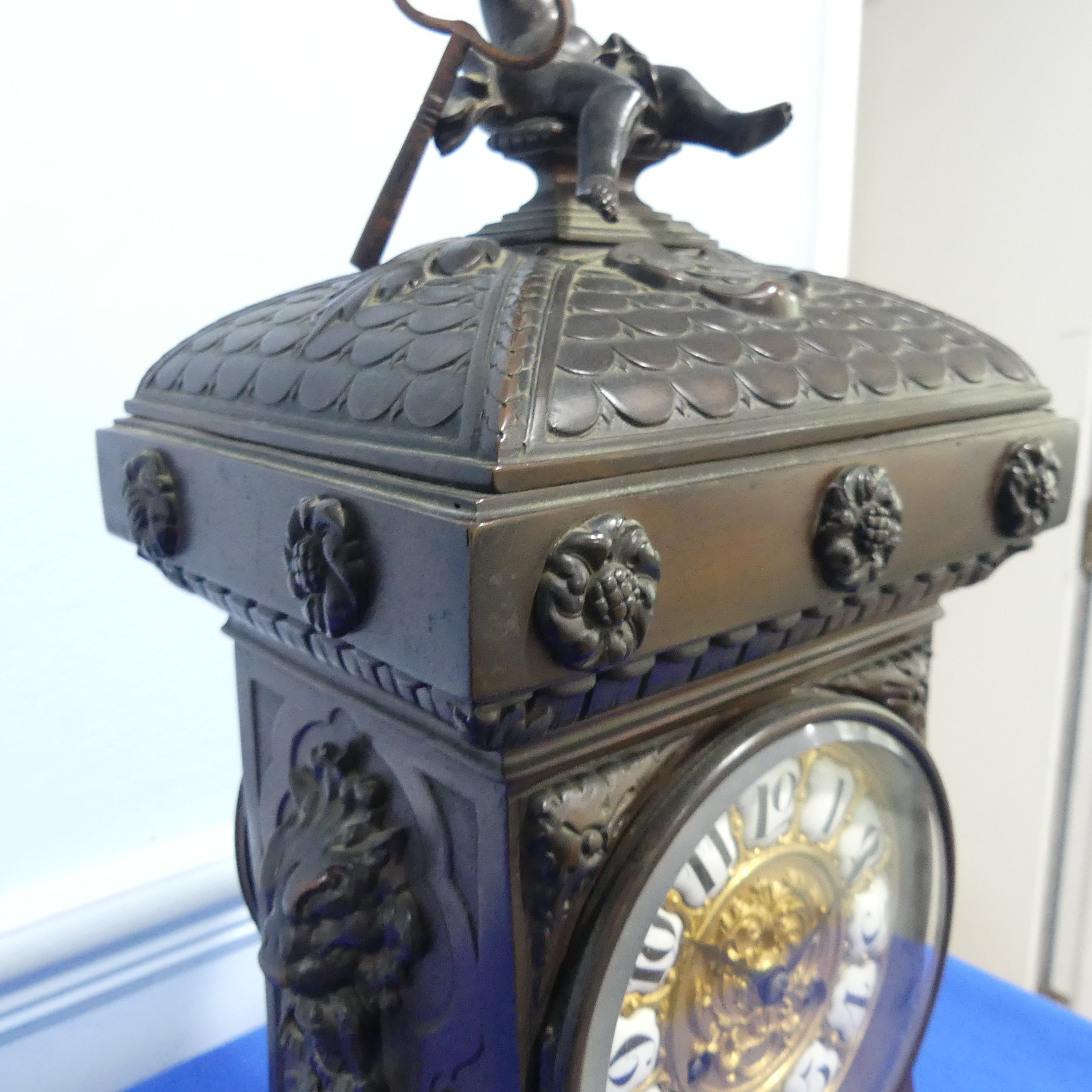 A French bronzed-metal Mantel Clock, late 19th century, the architectural case surmounted with an - Image 3 of 10