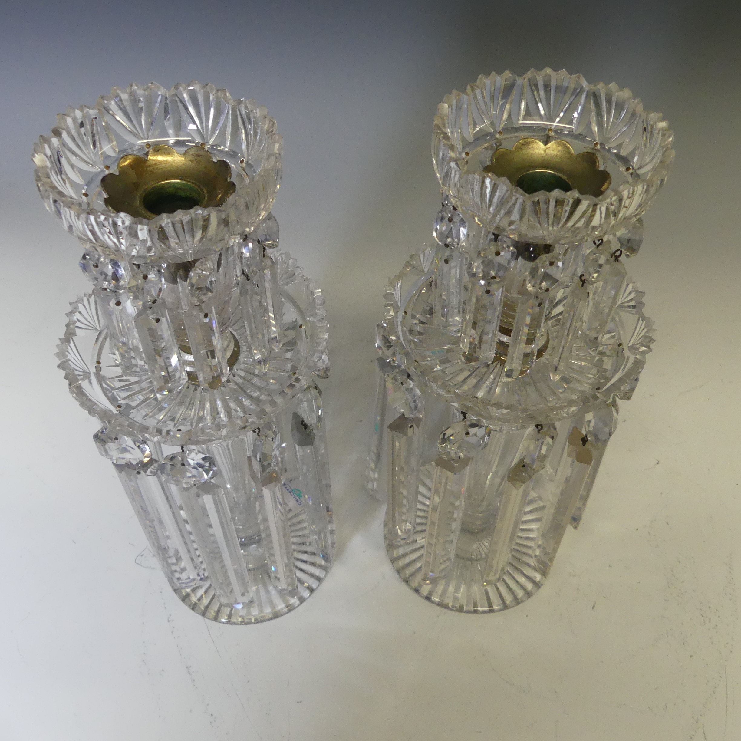 A pair of early 19thC hand cut clear crystal glass Lustres, each with ten faceted droppers, raised - Bild 5 aus 7