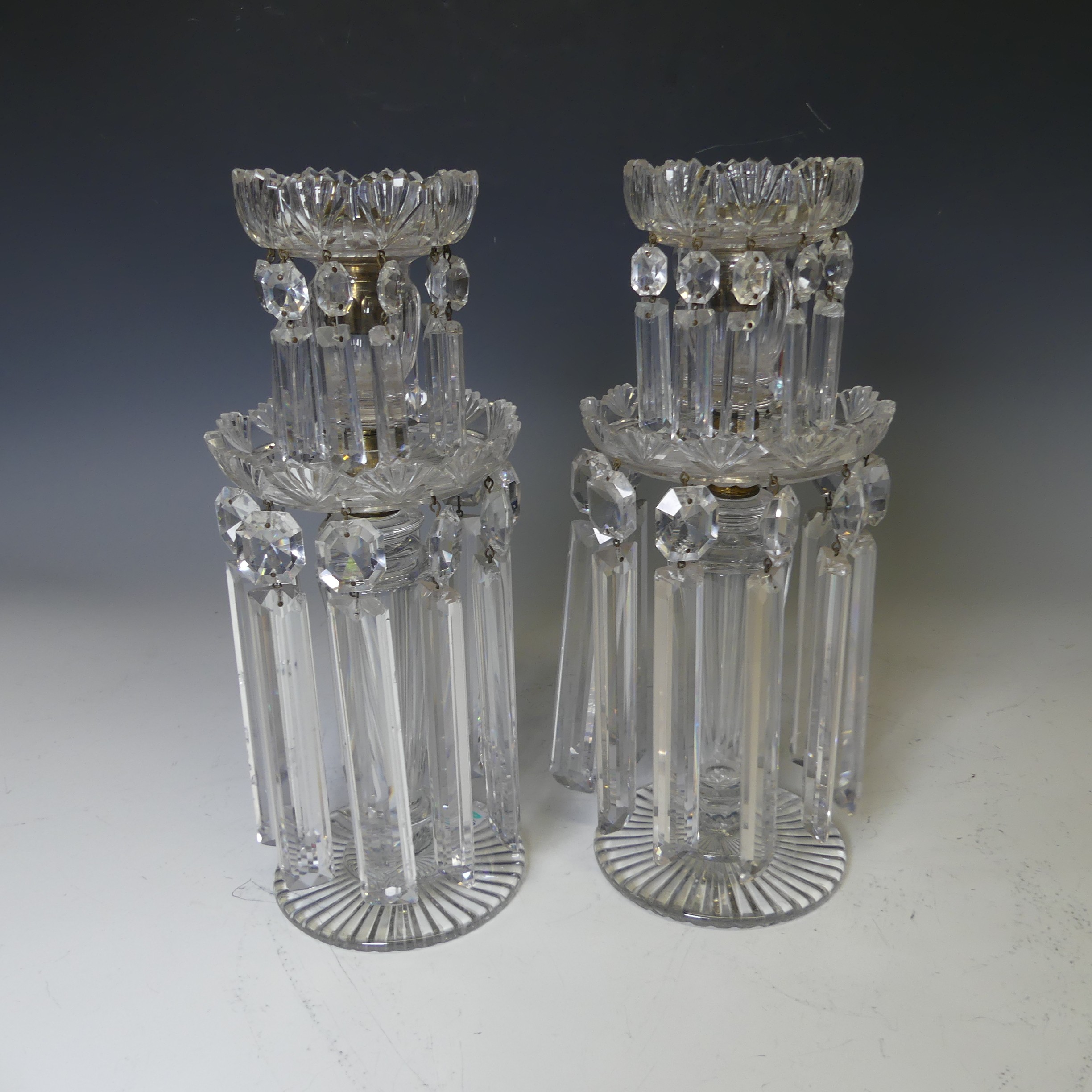 A pair of early 19thC hand cut clear crystal glass Lustres, each with ten faceted droppers, raised - Bild 2 aus 7