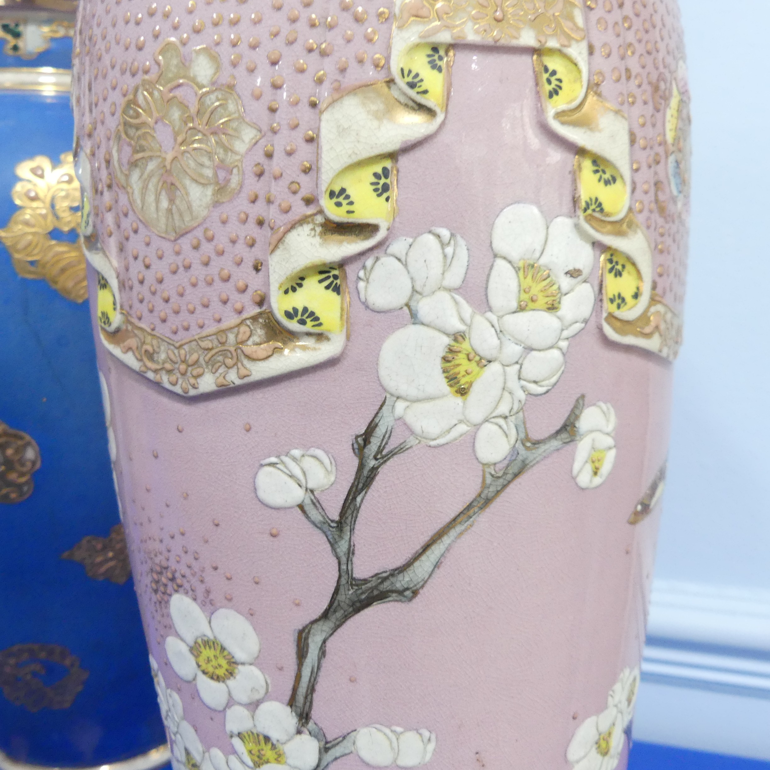 A pair of large 20thC Japanase Satsuma Vases, of pink ground with blossoming prunus decoration, H - Image 6 of 15