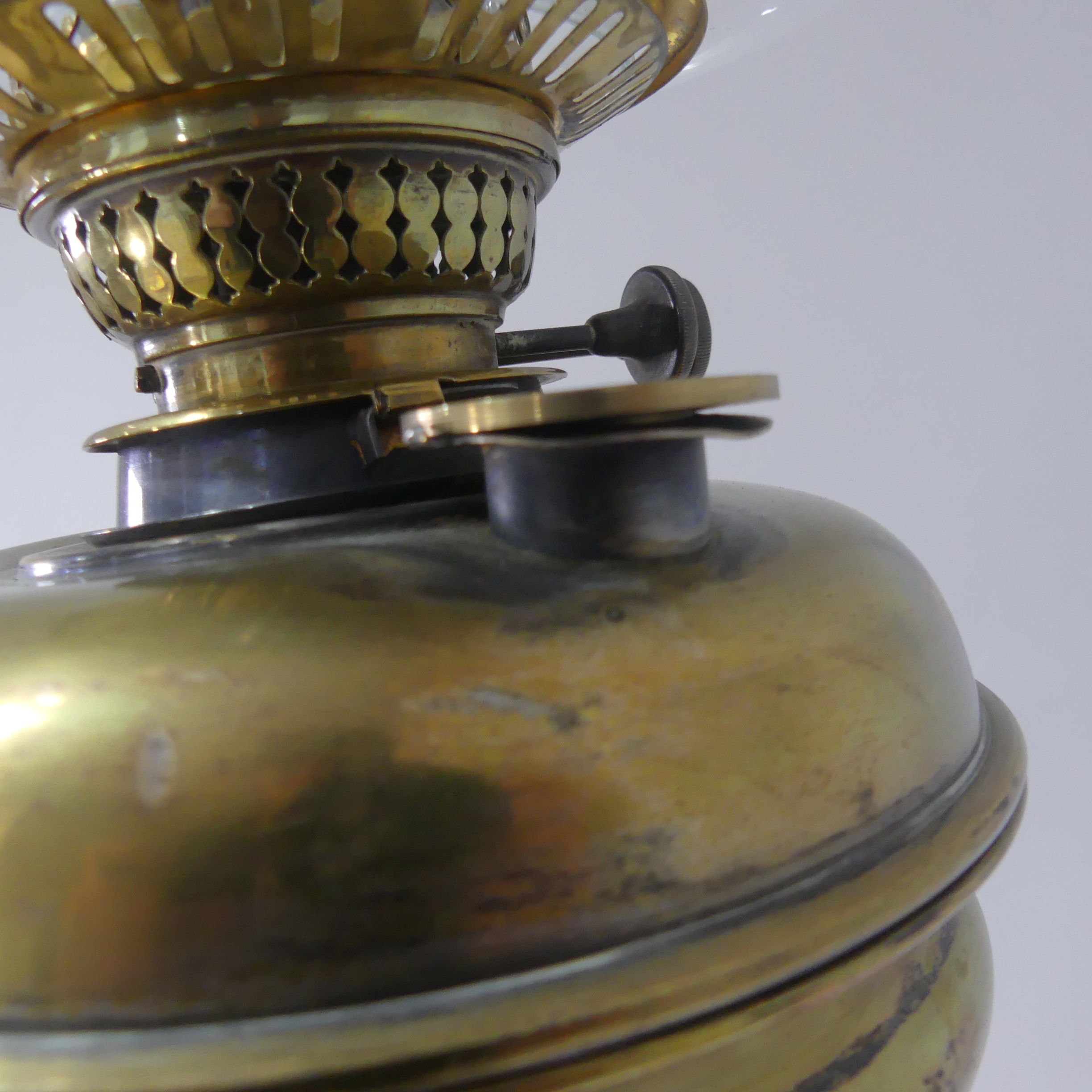 A Late 19thC/Early 20thC Brass standard Oil Lamp, with decorative reeded column, brass font and - Image 8 of 9