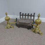 A pair of brass Fire Dogs together with a Fire Grate, W 30 cm x H 37 cm x D 37 cm.
