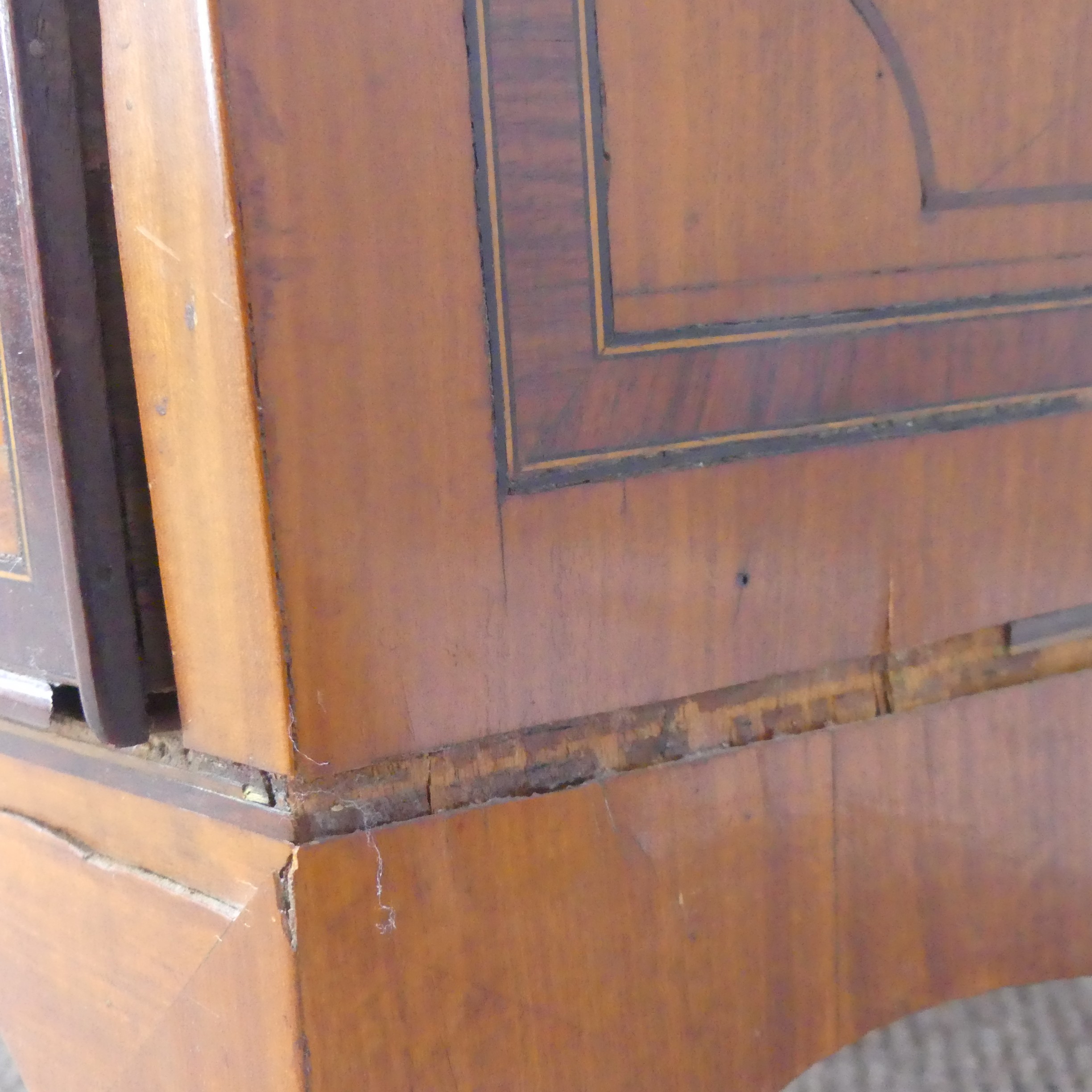 An Edwardian Sheraton Revival inlaid mahogany bow front Chest of Drawers, note damage to one side - Image 5 of 24