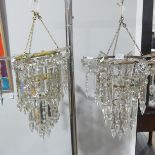 A pair of 19th century 2-tier hanging Lustres, with clear glass crystal droplets and metal ceiling