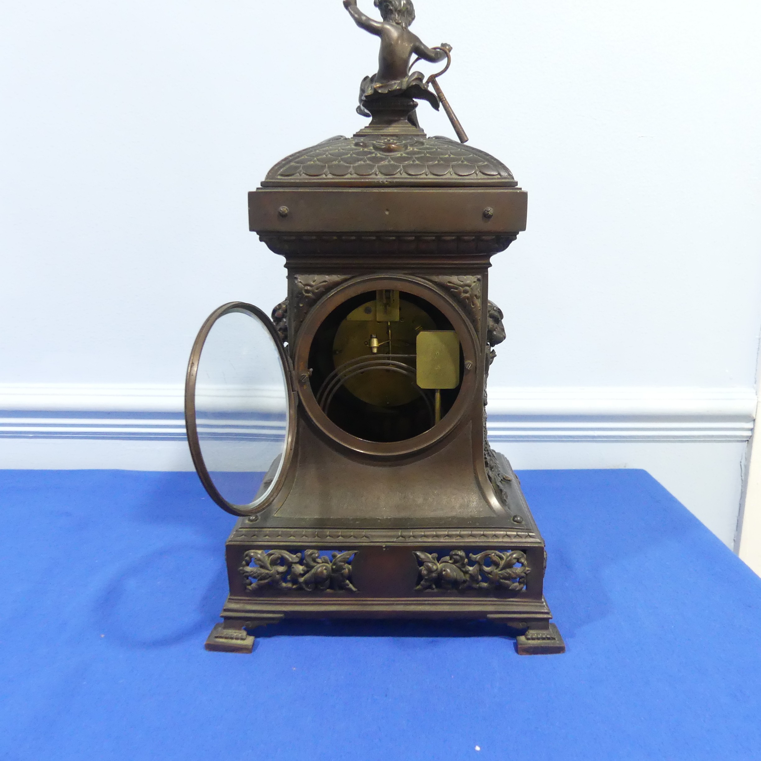 A French bronzed-metal Mantel Clock, late 19th century, the architectural case surmounted with an - Image 9 of 10