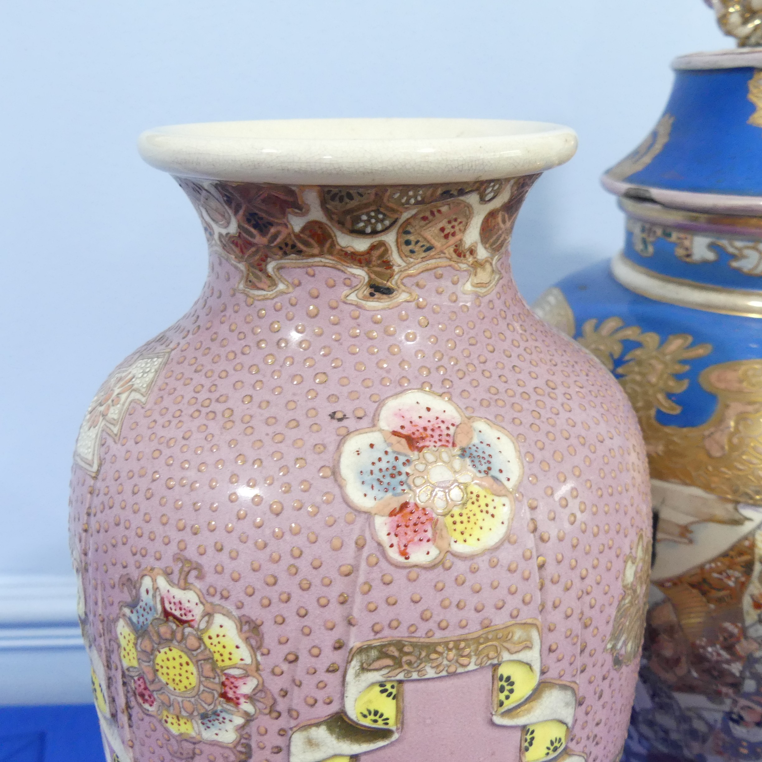 A pair of large 20thC Japanase Satsuma Vases, of pink ground with blossoming prunus decoration, H - Image 2 of 15