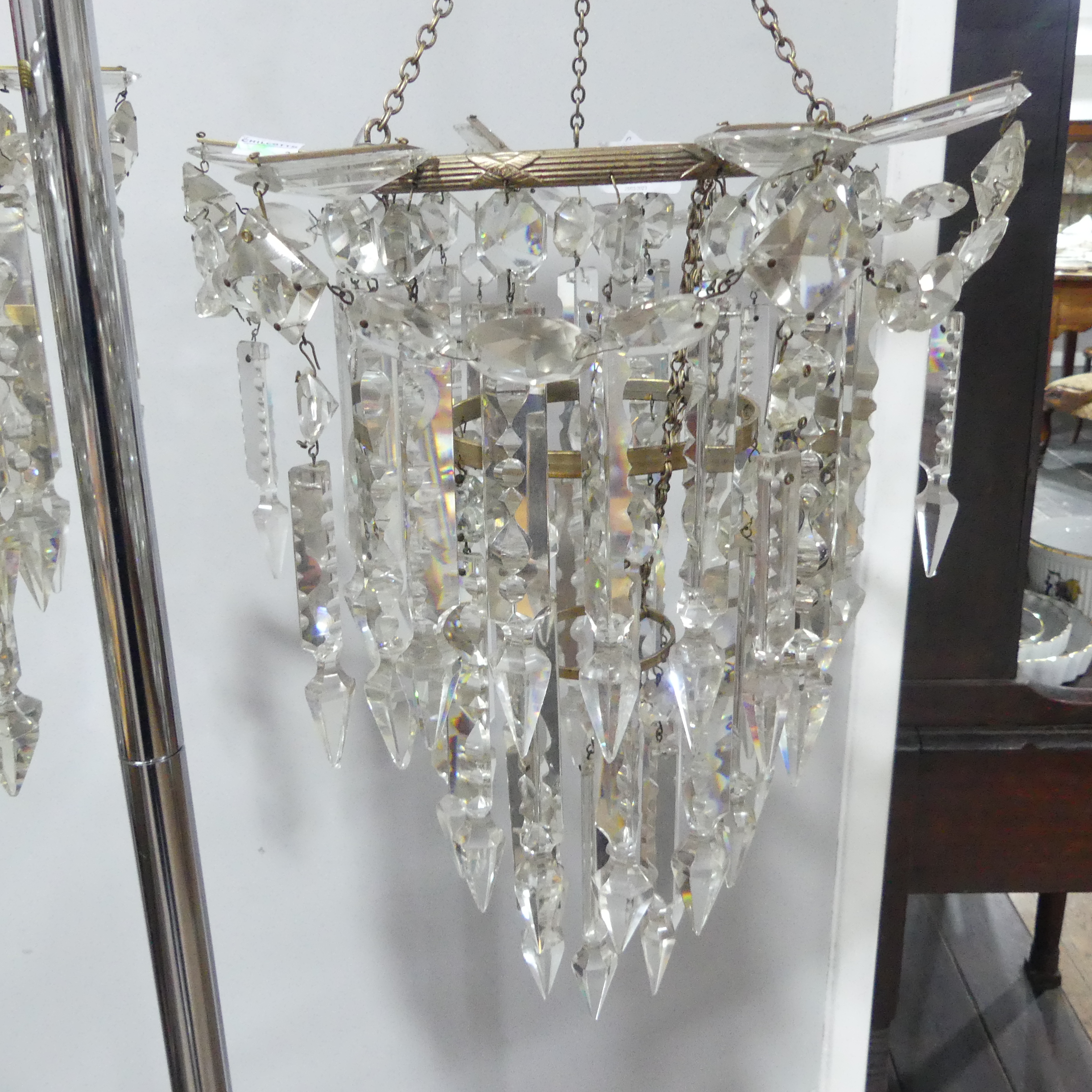 A pair of 19th century 2-tier hanging Lustres, with clear glass crystal droplets and metal ceiling - Image 3 of 15