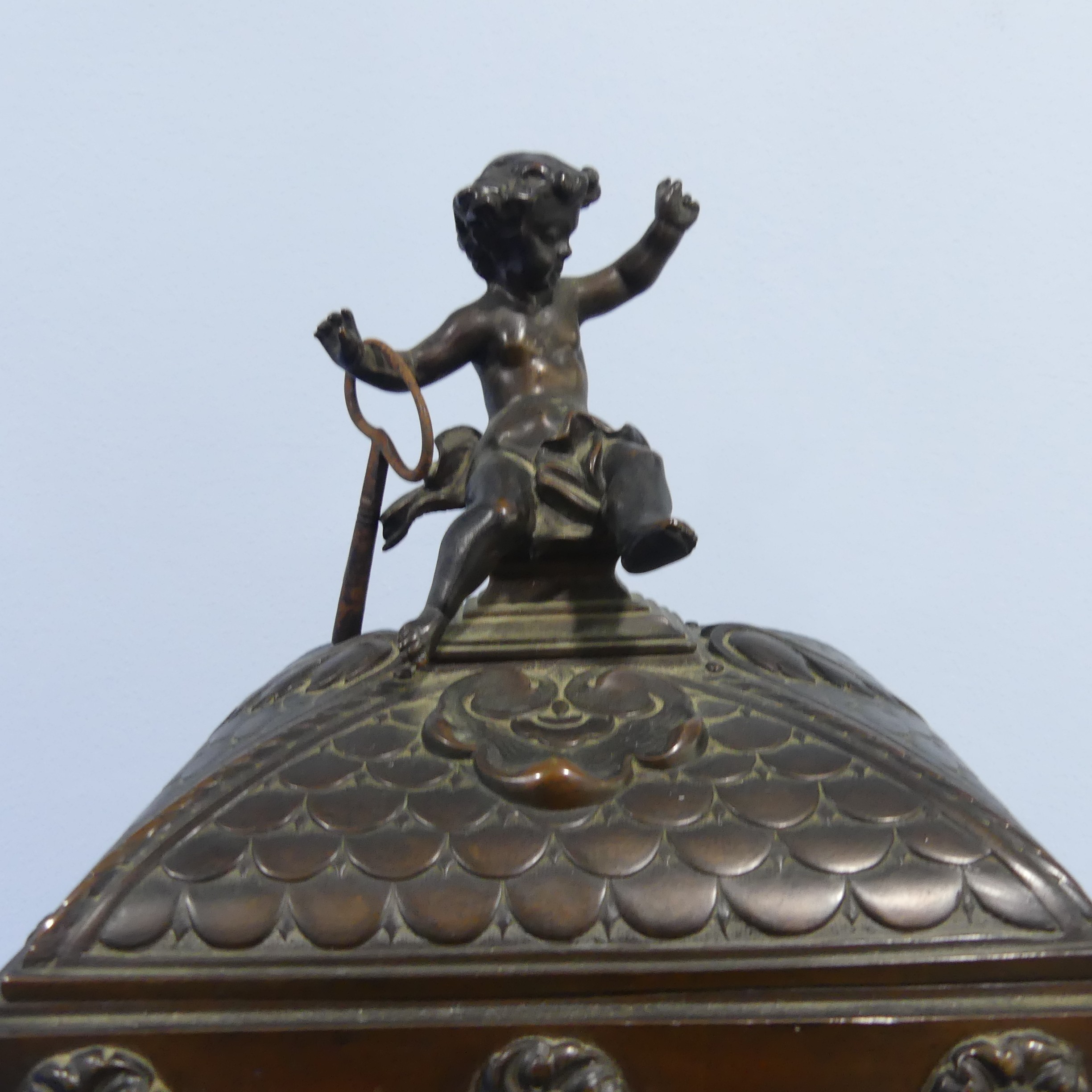 A French bronzed-metal Mantel Clock, late 19th century, the architectural case surmounted with an - Image 2 of 10