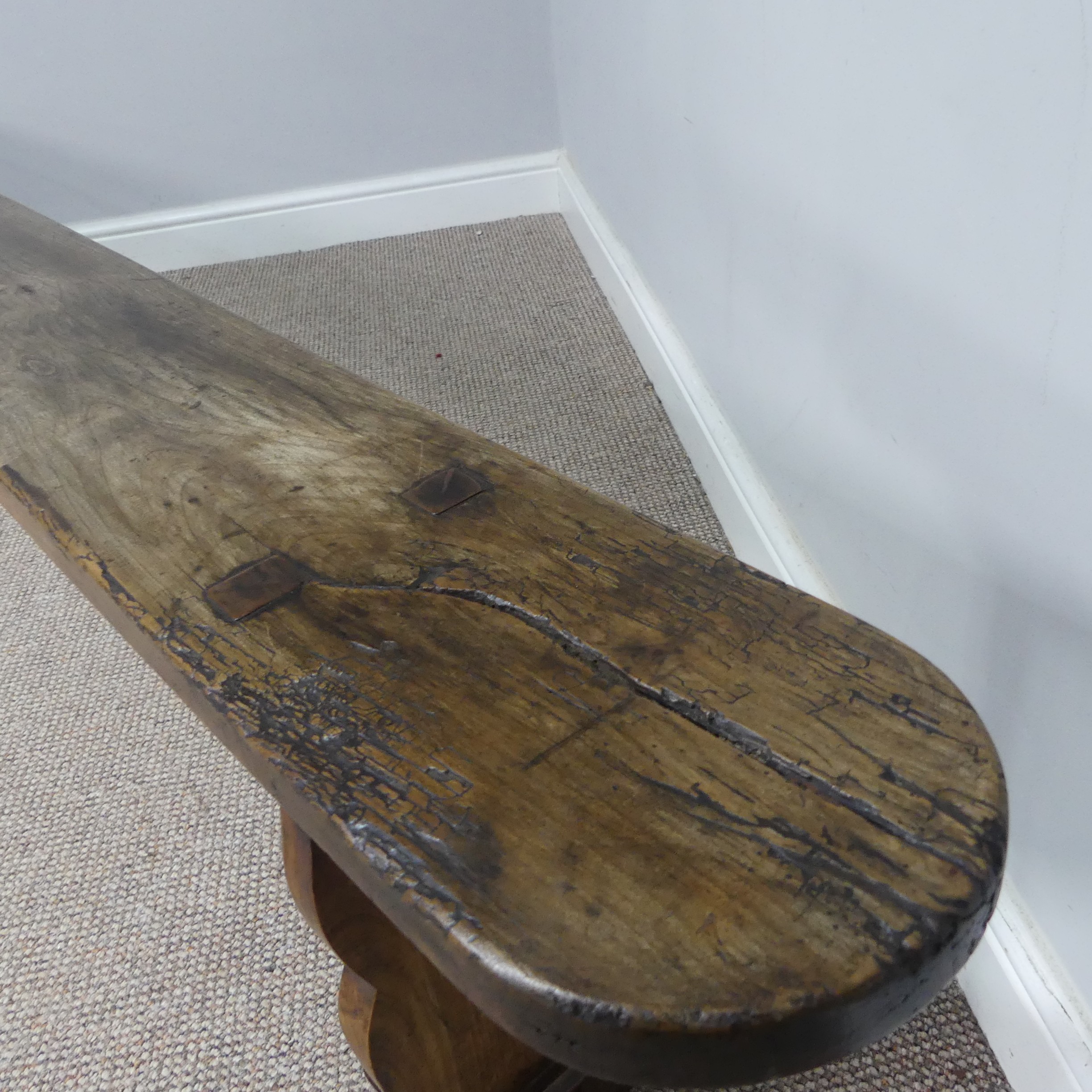 An antique oak and elm form, W 204 cm x H 48 cm x D 41 cm. - Image 3 of 13