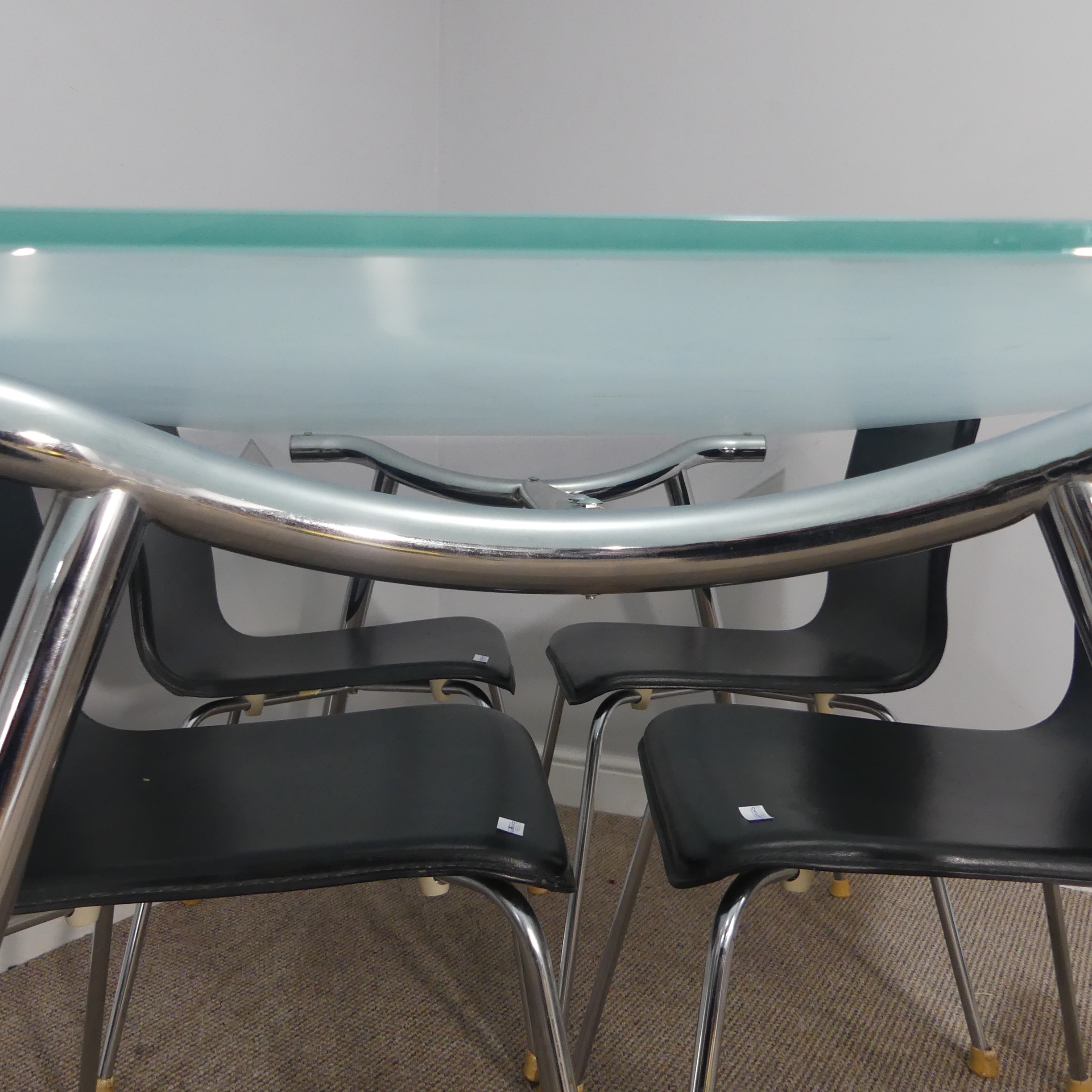 A Late 20thC chrome and frosted glass top table together with a set of four chrome and black leather - Image 4 of 12