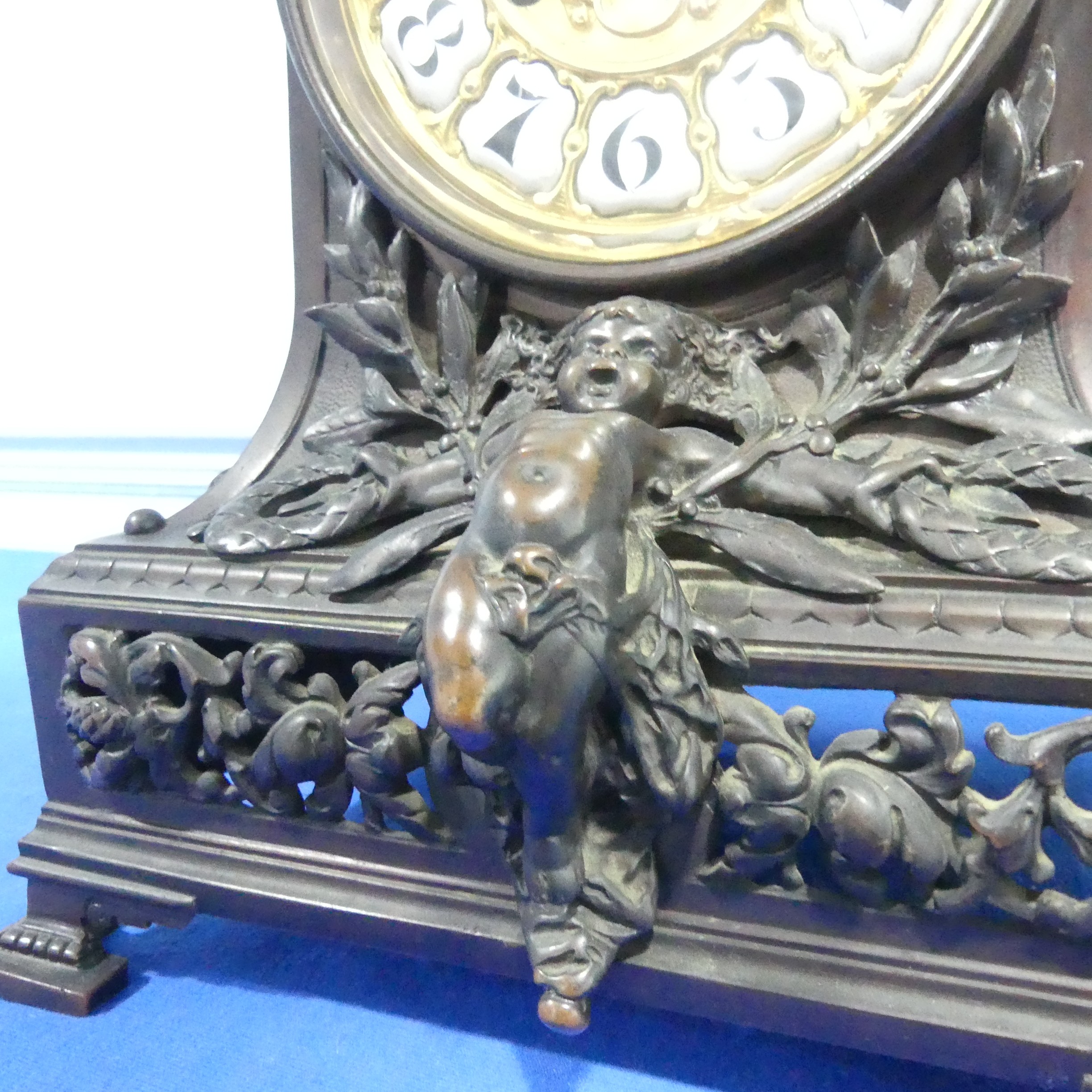 A French bronzed-metal Mantel Clock, late 19th century, the architectural case surmounted with an - Image 6 of 10