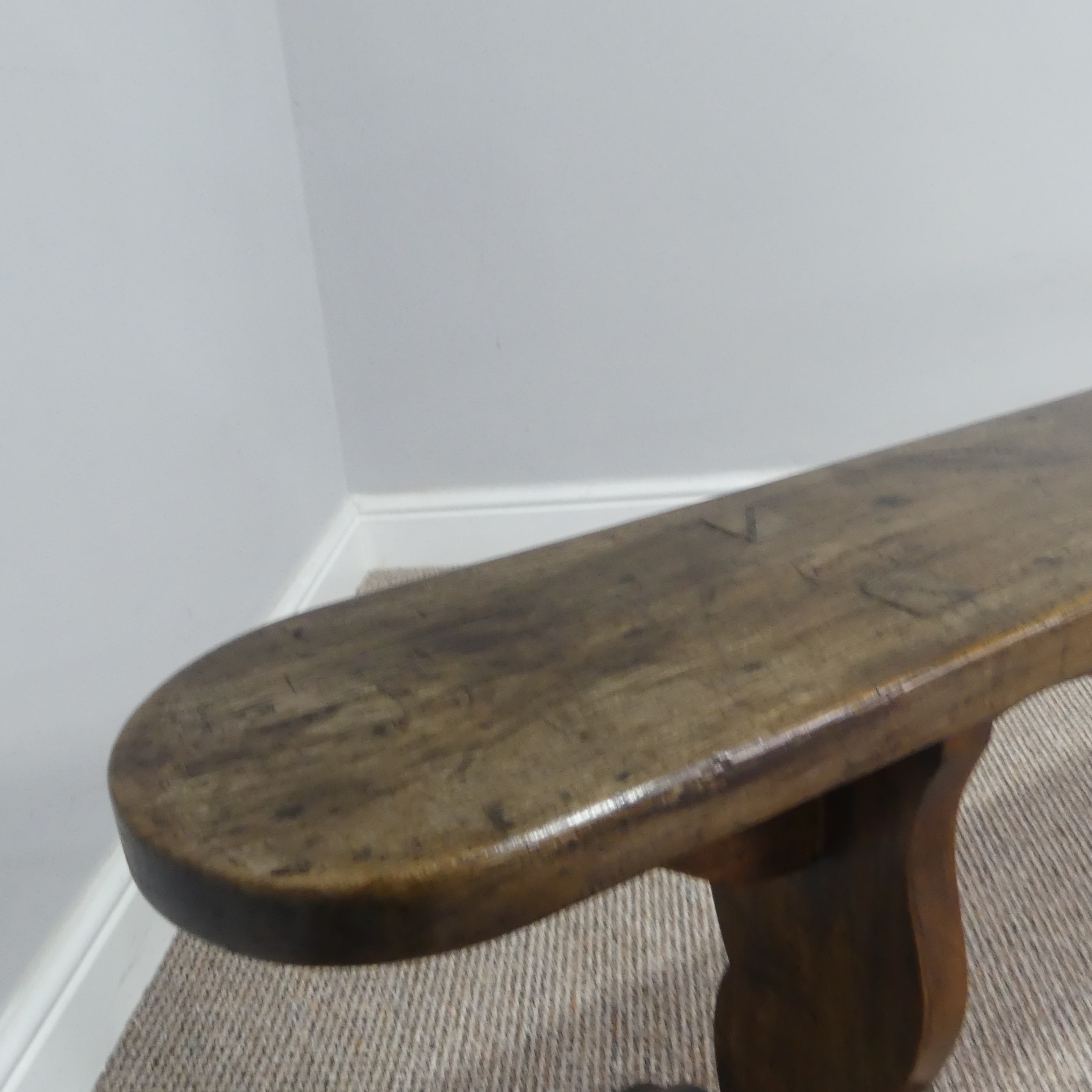 An antique oak and elm form, W 204 cm x H 48 cm x D 41 cm. - Image 7 of 13