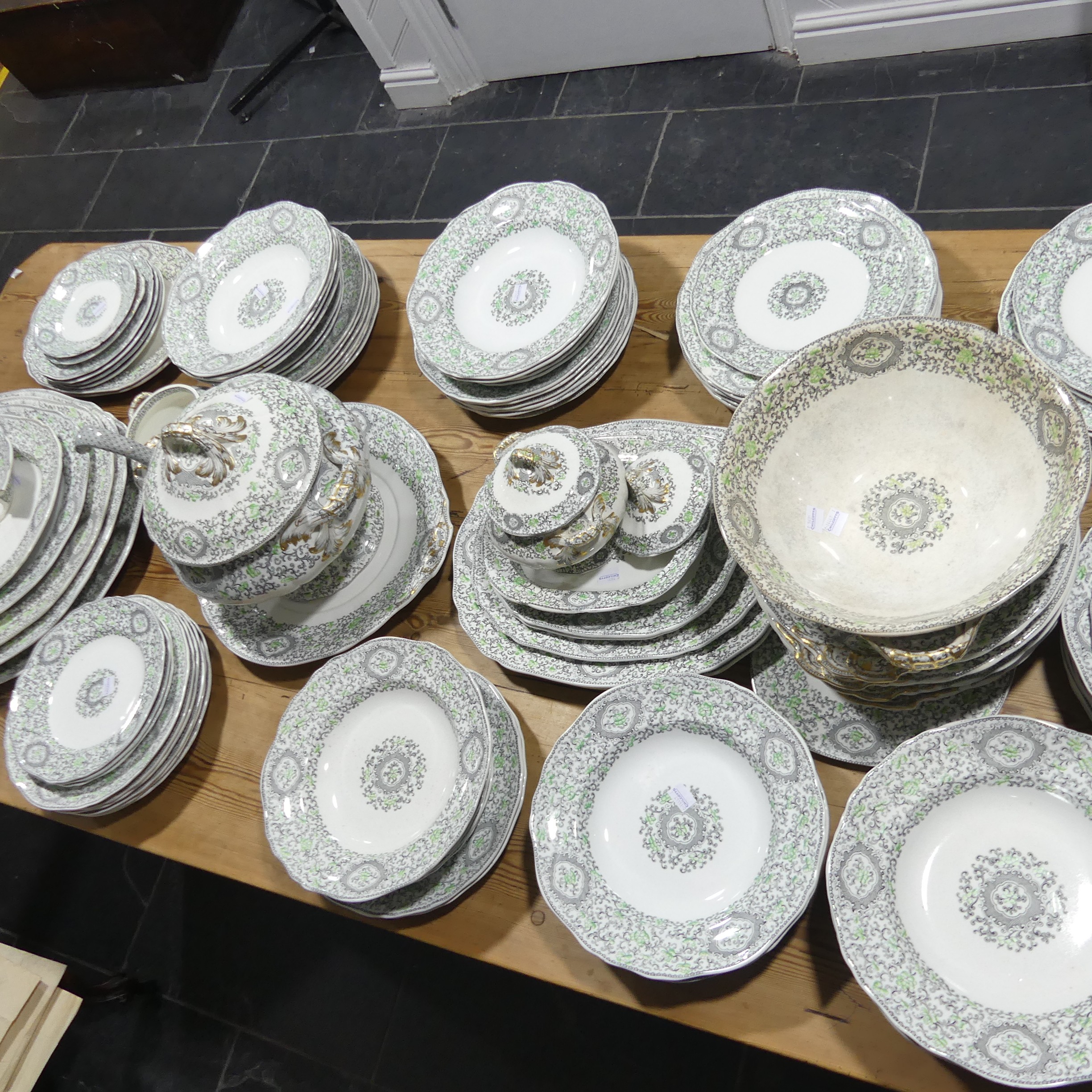 'Pekin scroll' No 3355 pattern dinner service, inc. platters, tureens, etc, 113 pieces approx,