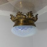 A gilt brass Ceiling Light with opalescent glass shade, W 33 cm x H 24 cm x D 33 cm.