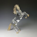 A Foscari Murano clear glass sculpture of a Rearing Horse, modelled in clear glass with gold