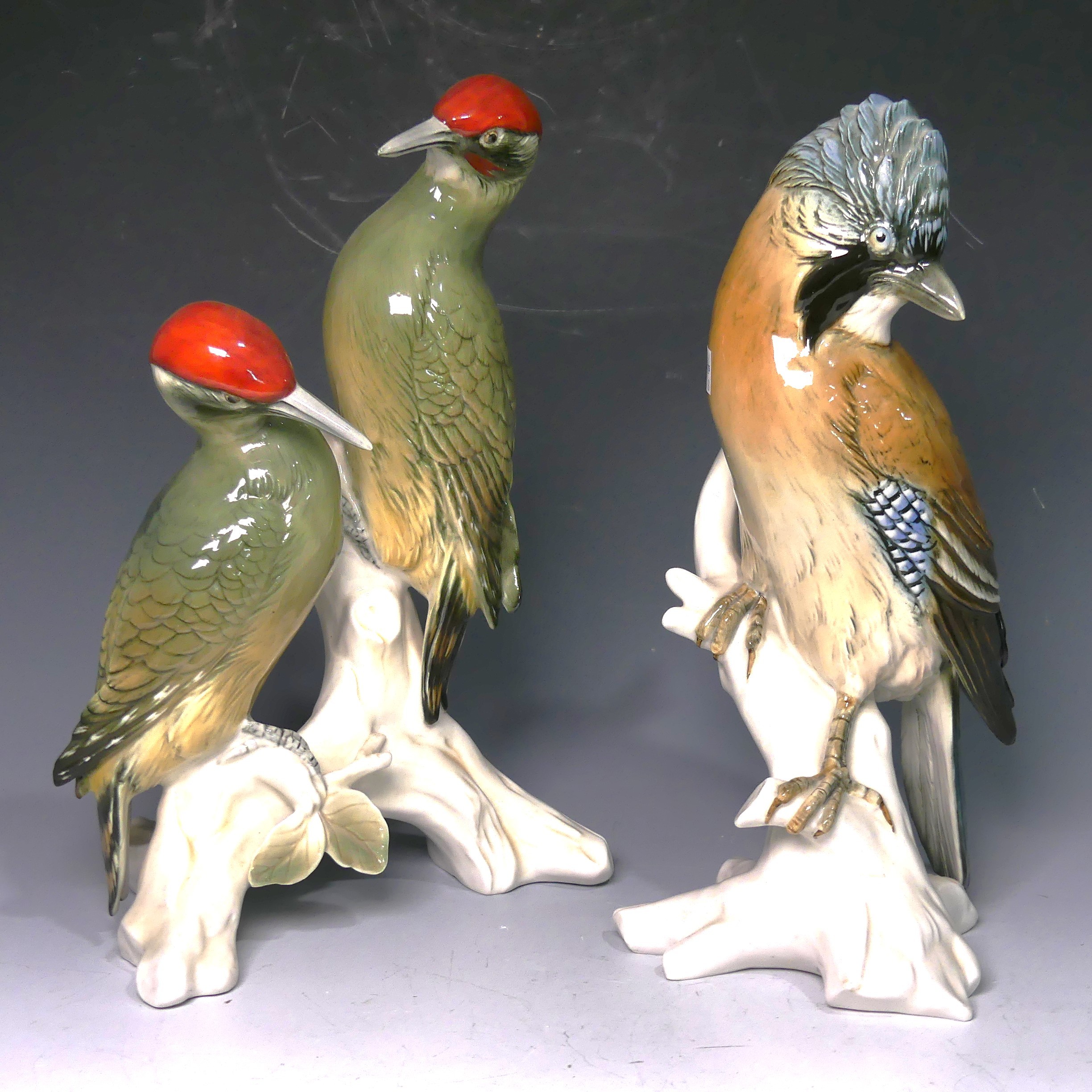 A Karl Ens for Volkstedt Rudolstadt porcelain group of two Green Woodpeckers, with factory marks