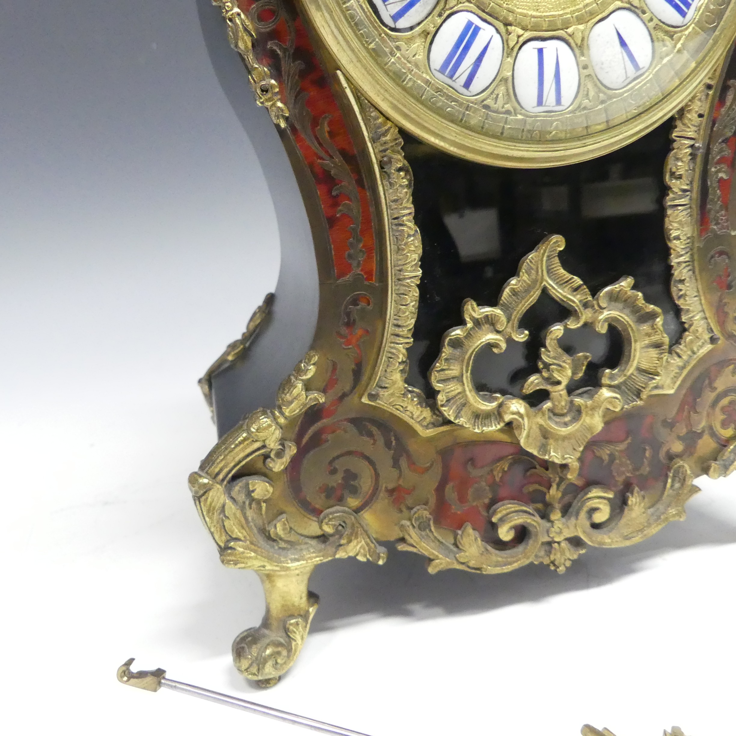 A late 19th century French Boulle work Mantel Clock, the elaborate case with tortoiseshell veneer, - Image 5 of 8