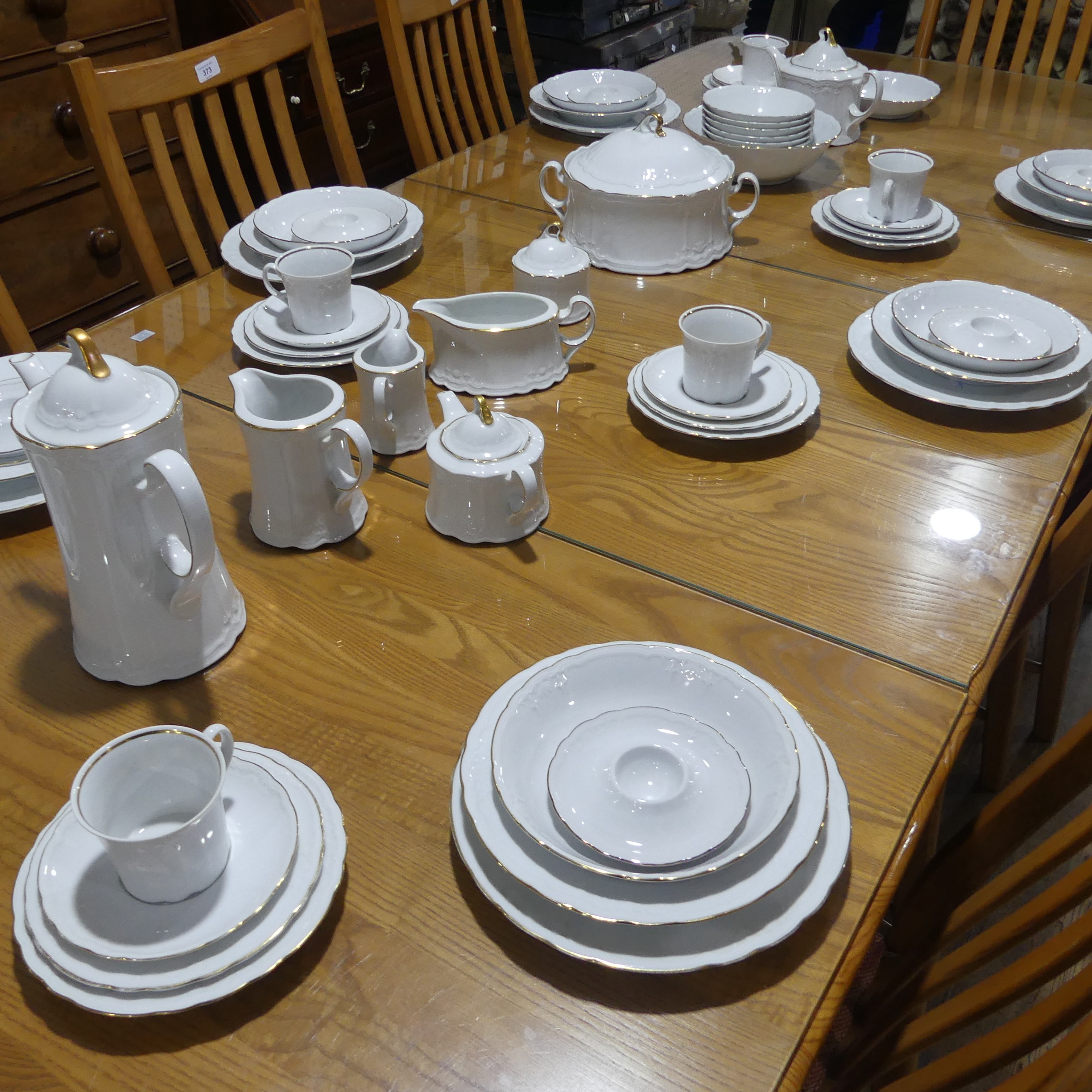 A large German Pelfmann Weiden (Julia) bone china six place dinner service with gold rim, inc dinner