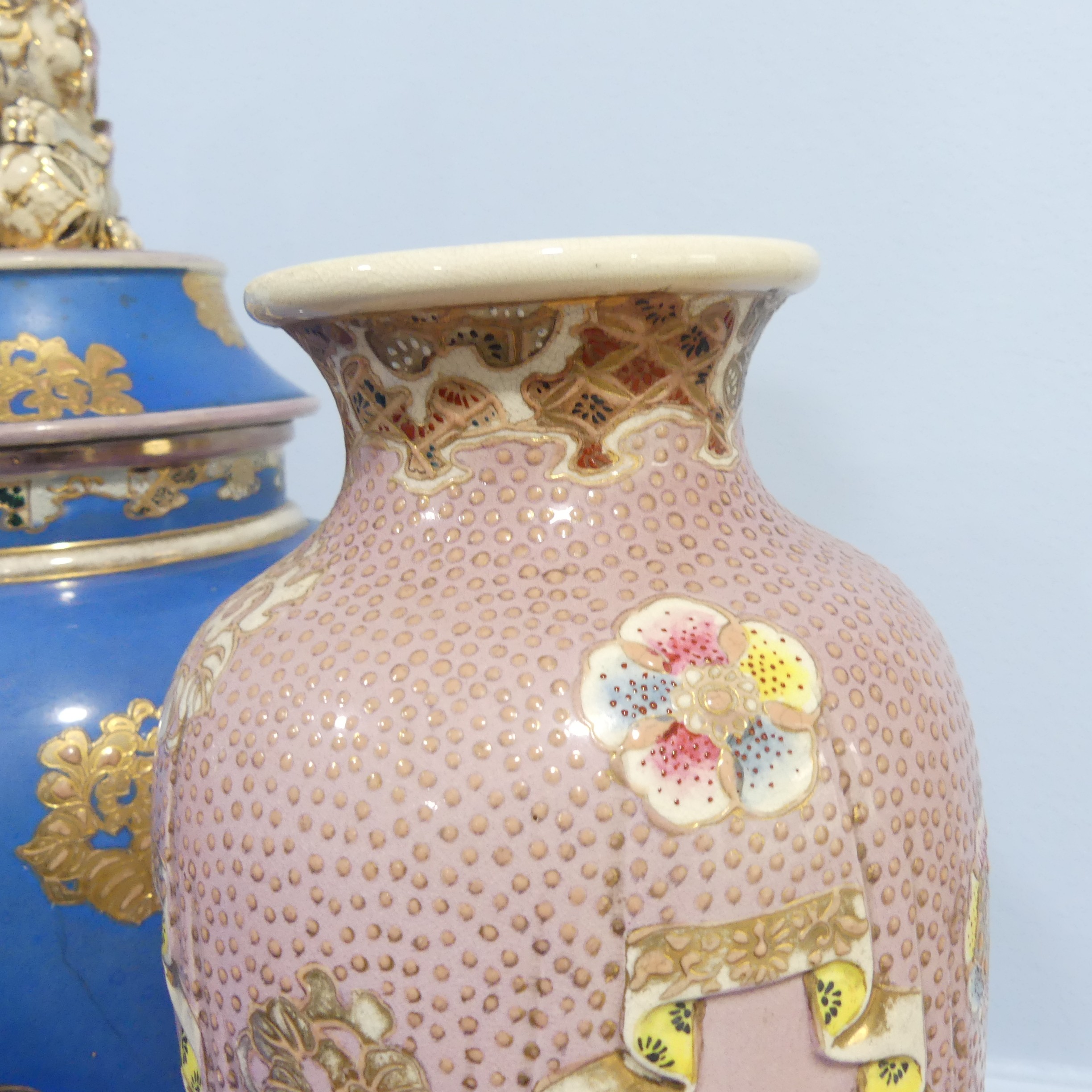 A pair of large 20thC Japanase Satsuma Vases, of pink ground with blossoming prunus decoration, H - Image 7 of 15