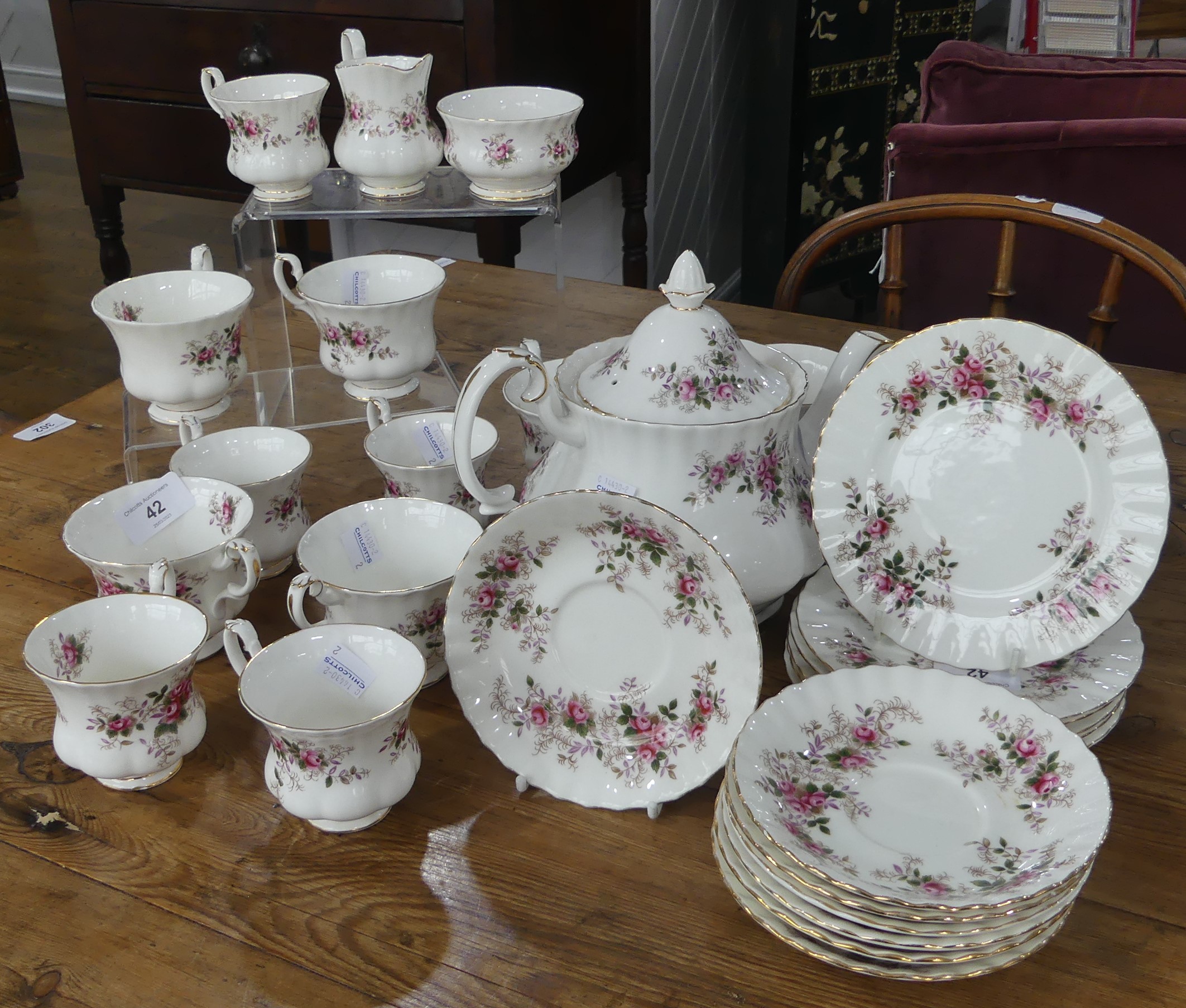 A Royal Albert 'Lavender Rose' pattern Tea and Coffee Service, comprising six Teacups and Saucers,