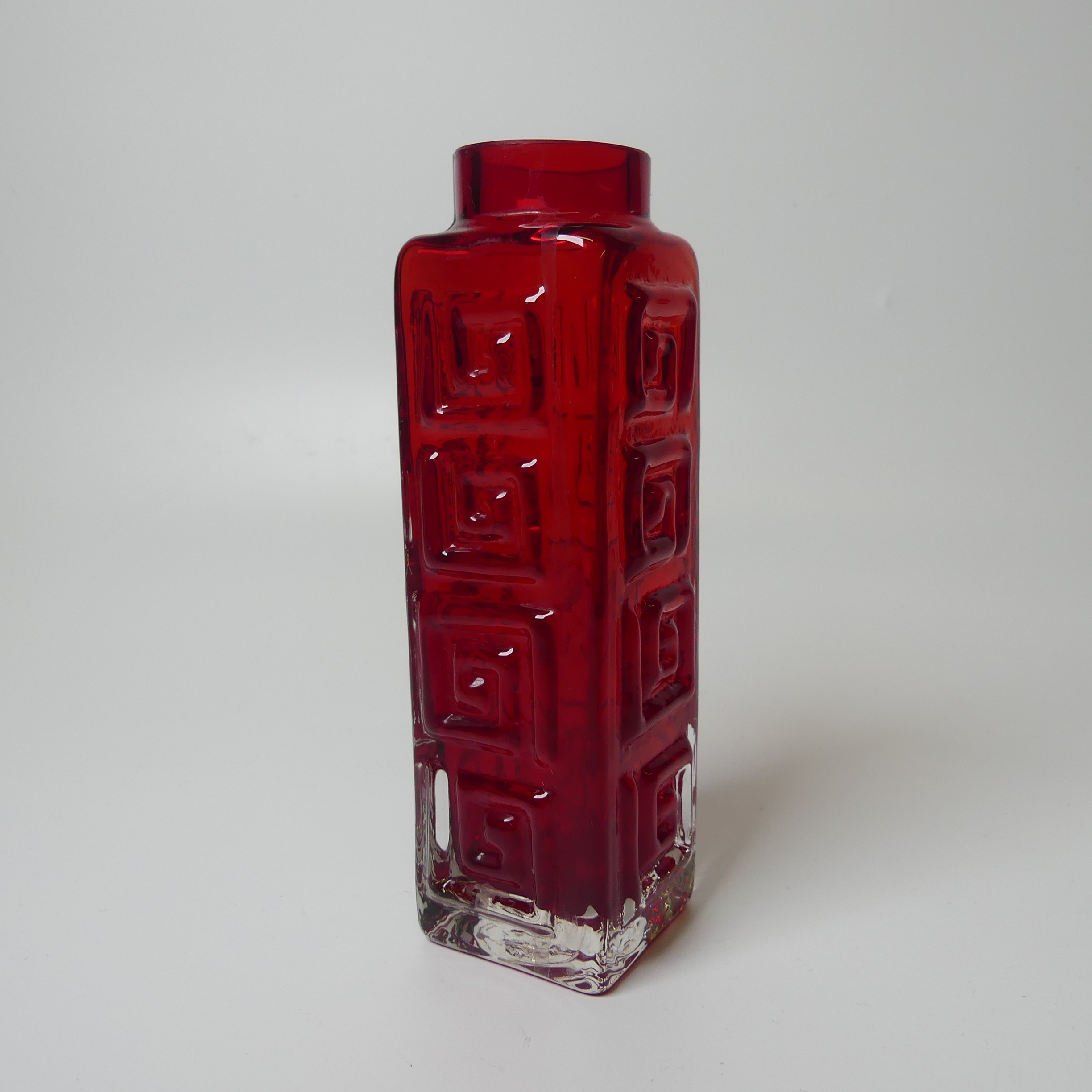 A Geoffrey Baxter for Whitefriars 'Greek Key' Vase, of ruby red colour, H 20cm.