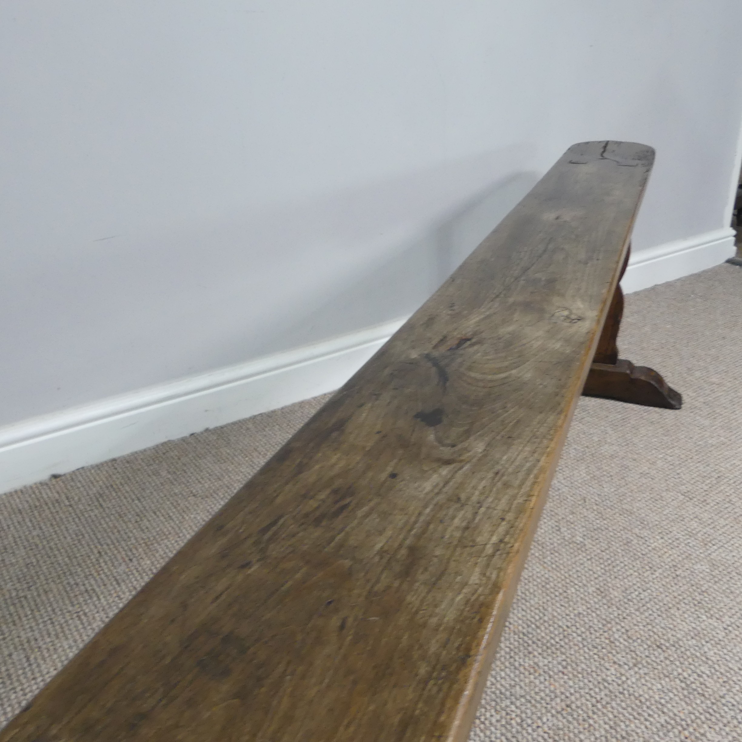 An antique oak and elm form, W 204 cm x H 48 cm x D 41 cm. - Image 8 of 13
