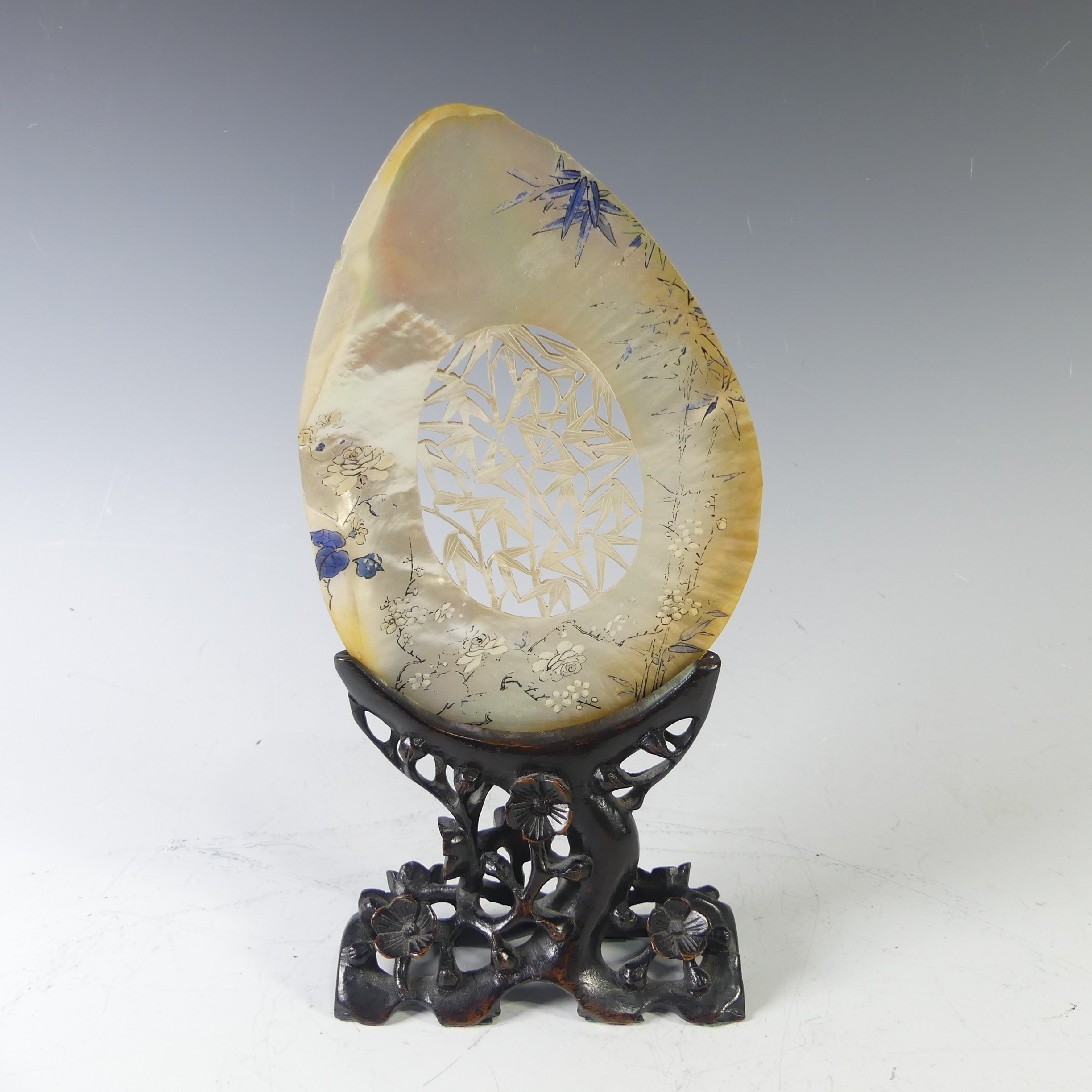 A Chinese mother-of-pearl, carved, pierced and painted shell, W14cm x H19cm, five small chips on - Image 2 of 16