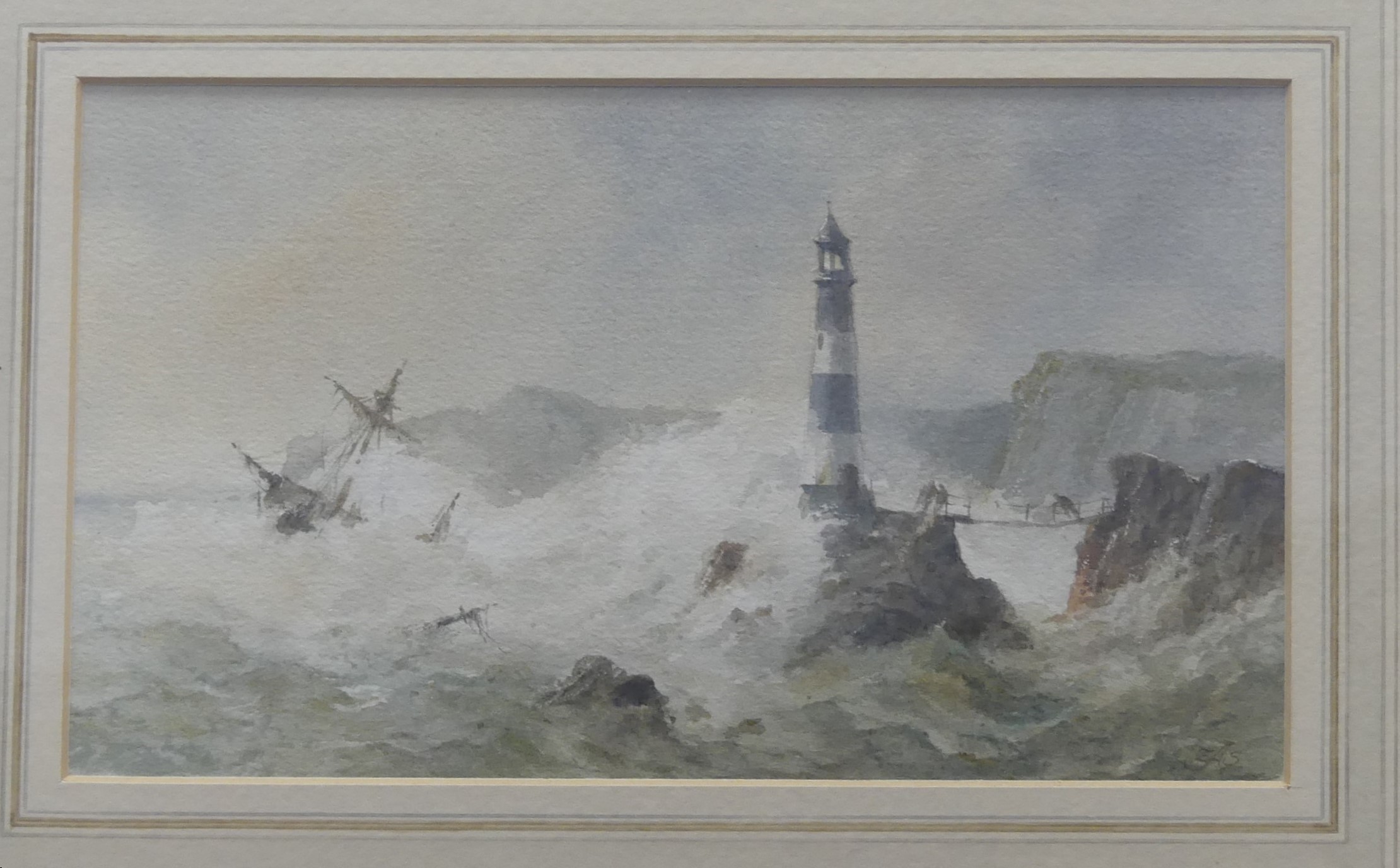 Edward A. Swan (British, 20th century), Ship in stormy sea by a lighthouse, watercolour, signed with