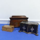 A Victorian black lacquer papier mache Tea Caddy, inlaid with mother of pearl, W 26.5 cm x H 14 cm x