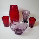 A large Whitefriars wavy Vase, in ruby red, together with another wavy Vase in ruby red, designed by