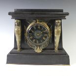 A late Victorian, Egyptian revival black slate and gilt metal Mantel Clock, W 36 cm x H 30.5 cm x