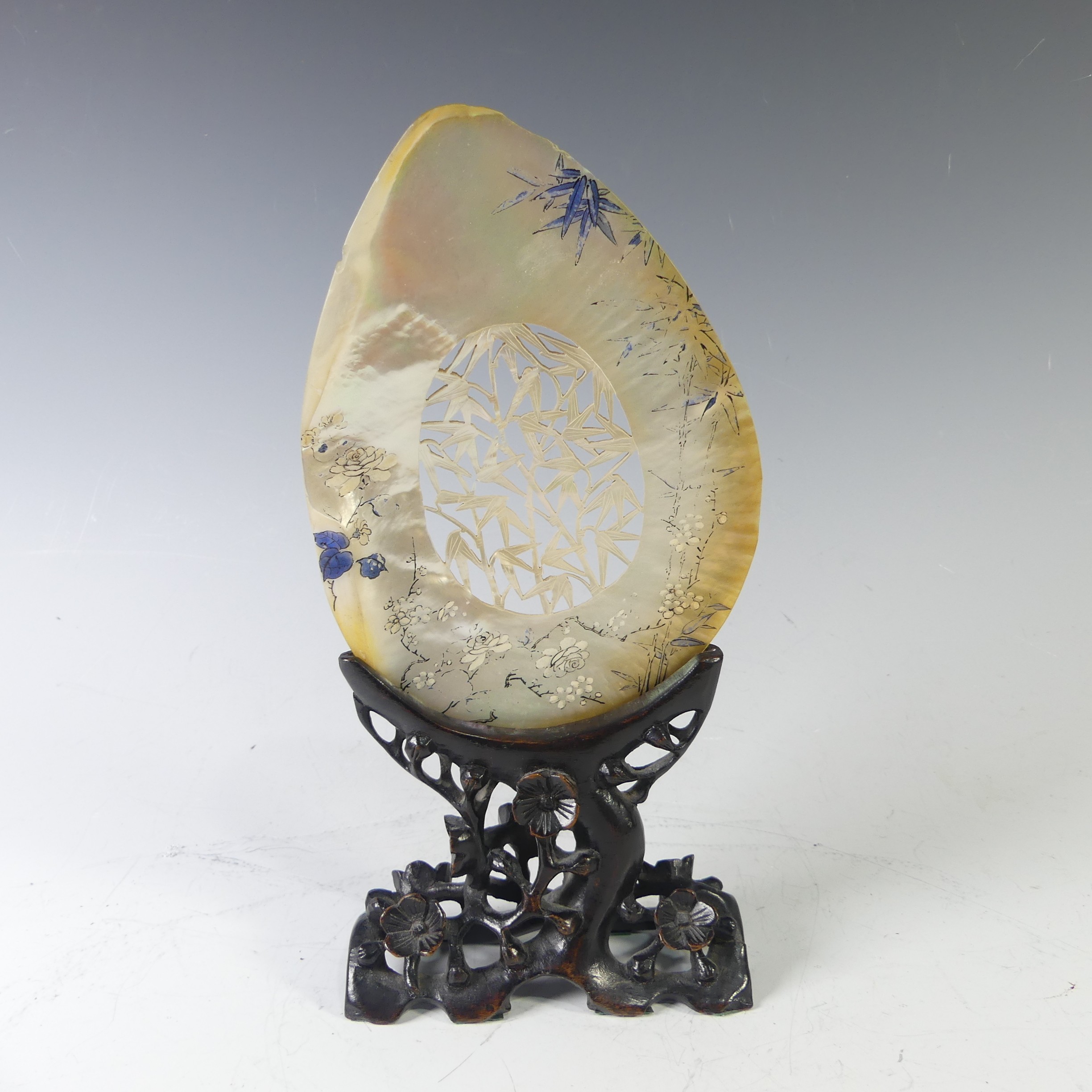 A Chinese mother-of-pearl, carved, pierced and painted shell, W14cm x H19cm, five small chips on - Image 4 of 16