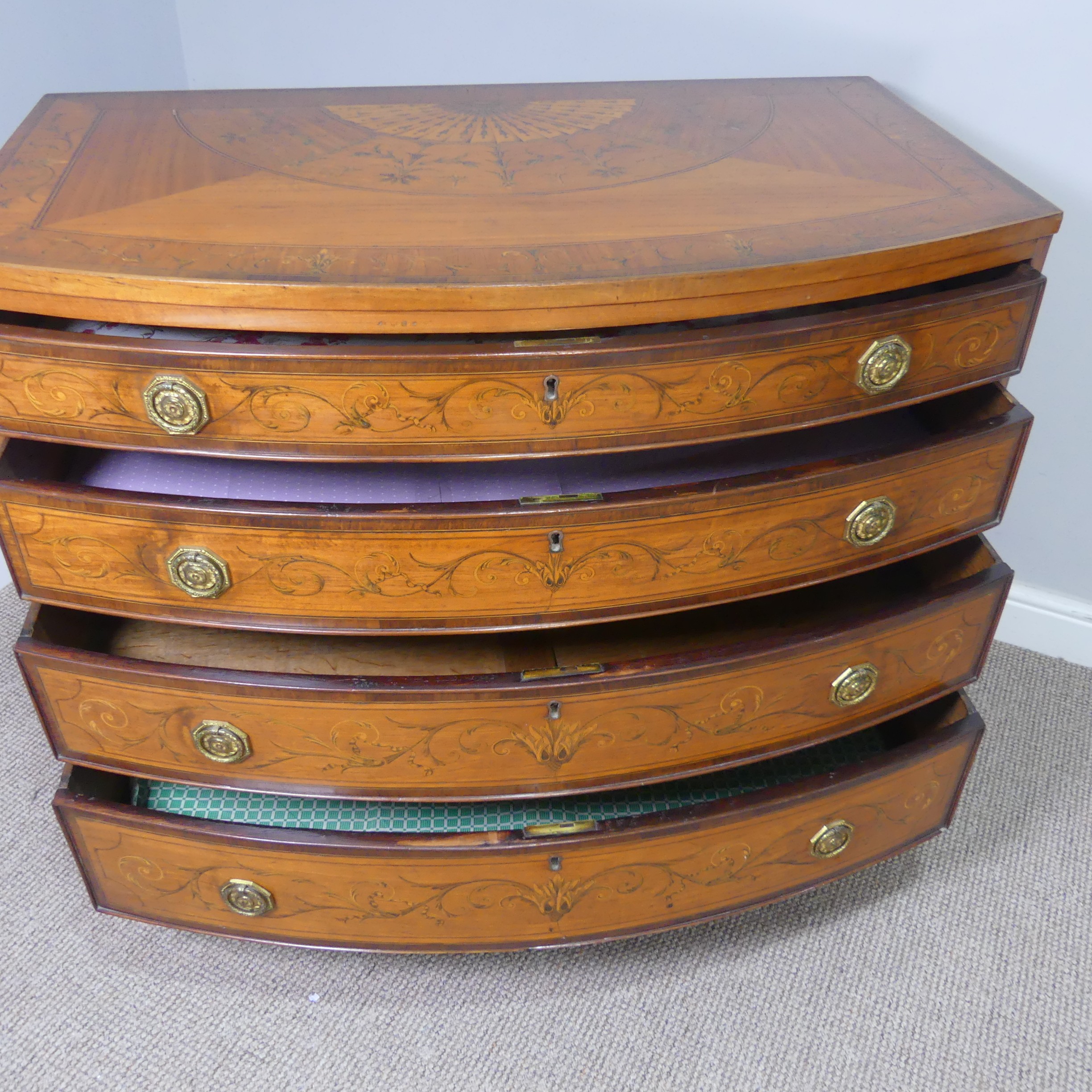 An Edwardian Sheraton Revival inlaid mahogany bow front Chest of Drawers, note damage to one side - Image 19 of 24