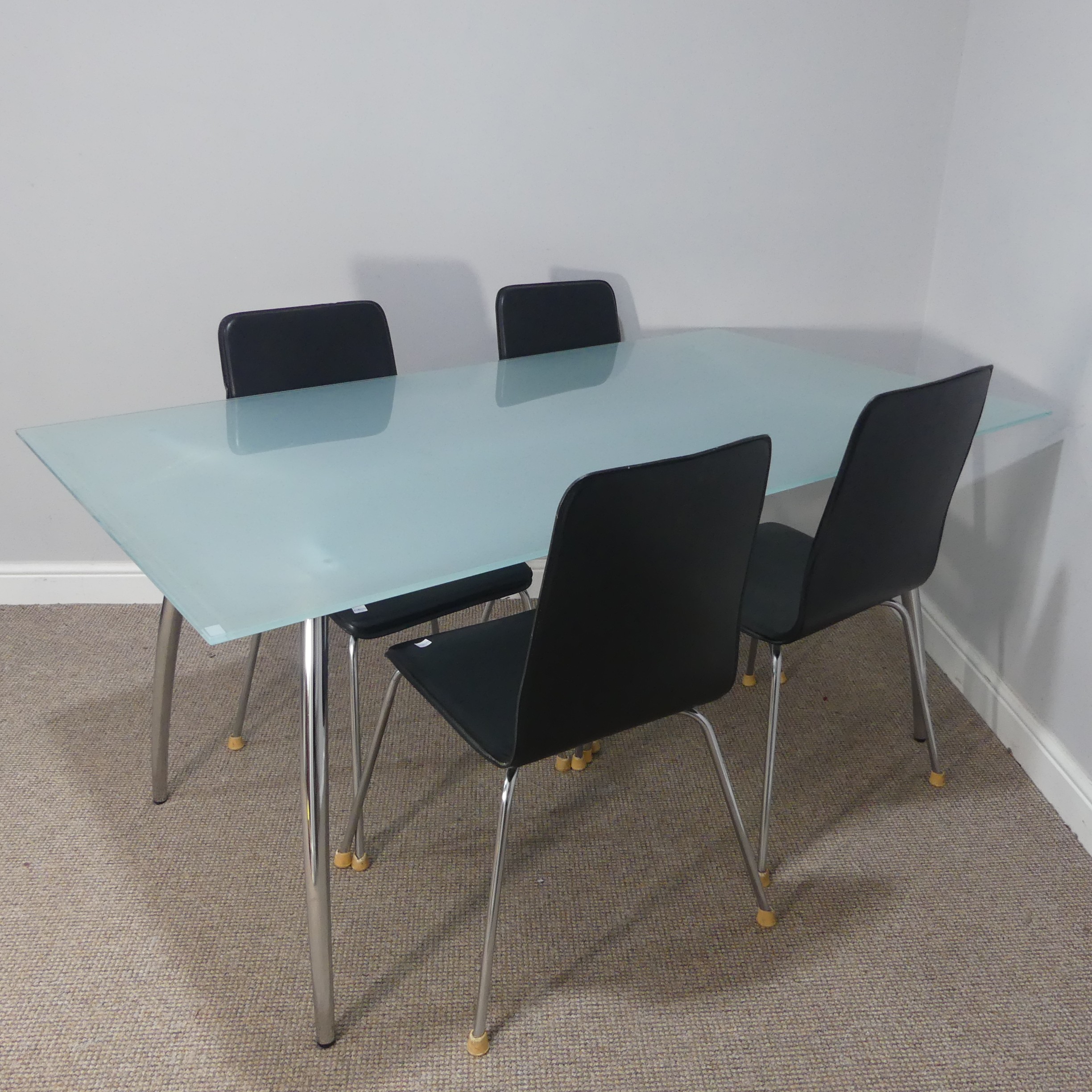 A Late 20thC chrome and frosted glass top table together with a set of four chrome and black leather