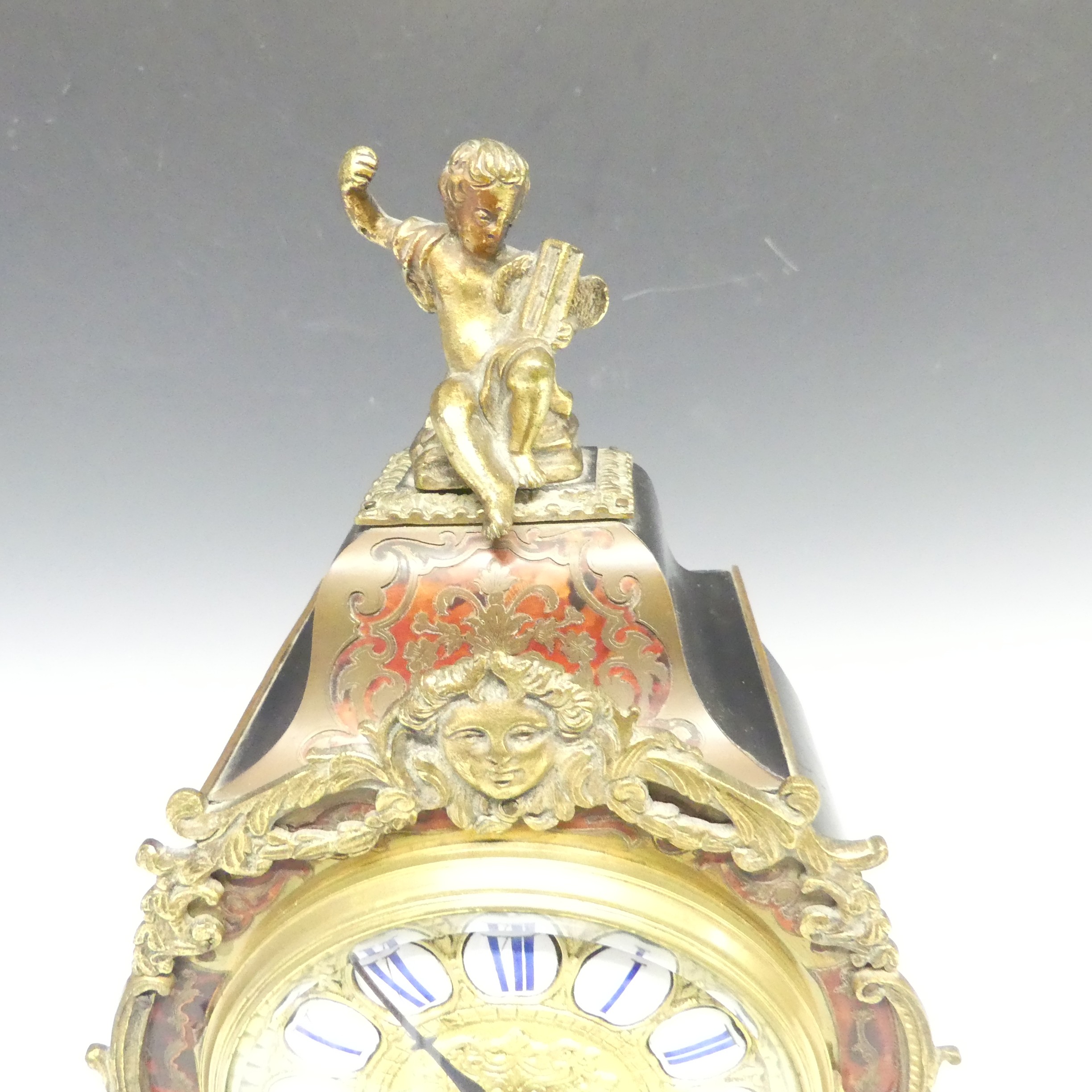 A late 19th century French Boulle work Mantel Clock, the elaborate case with tortoiseshell veneer, - Image 3 of 8