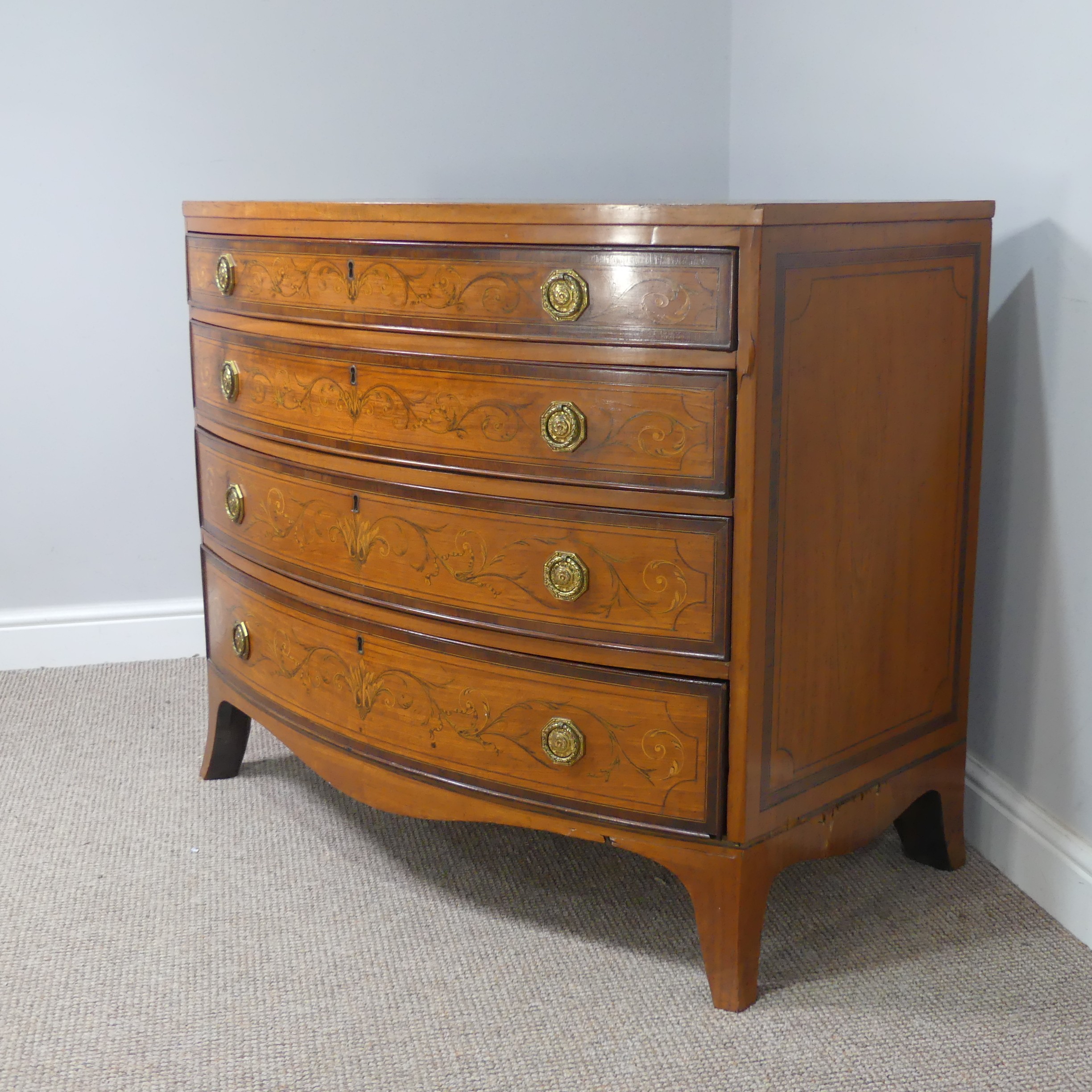 An Edwardian Sheraton Revival inlaid mahogany bow front Chest of Drawers, note damage to one side - Image 2 of 24