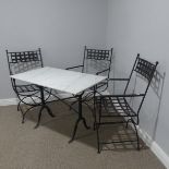 A Garden Suite including a set of three metal Garden Chairs with a black paint finish together