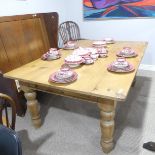 A wide vintage pine farmhouse Kitchen Table, raised on baluster turned legs, W 183 cm x H 75.5 cm