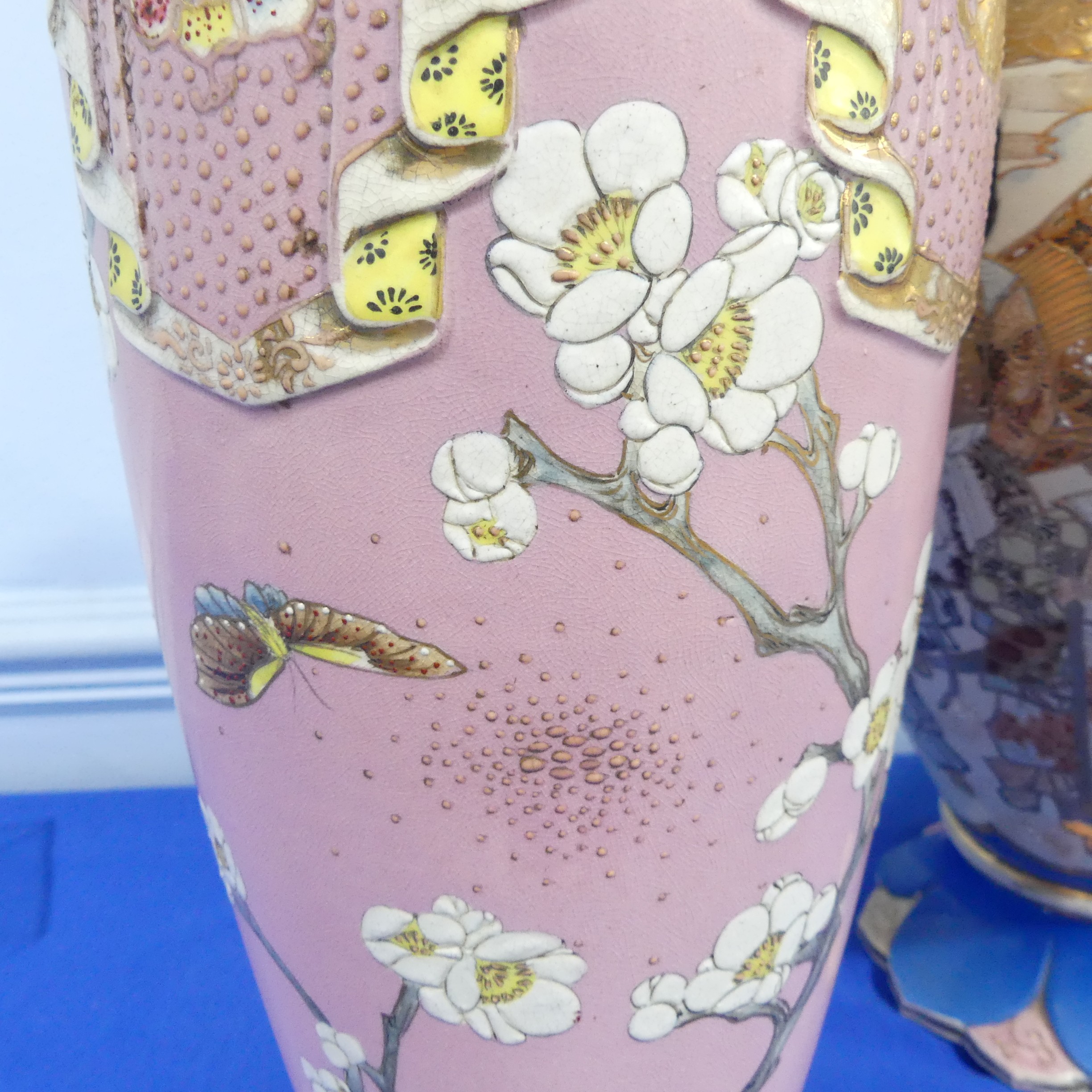 A pair of large 20thC Japanase Satsuma Vases, of pink ground with blossoming prunus decoration, H - Image 3 of 15