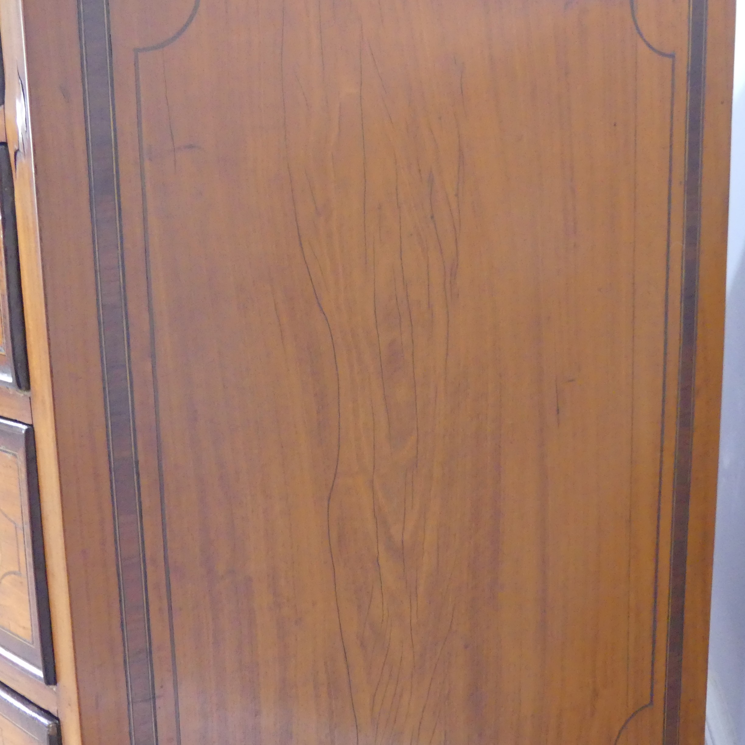 An Edwardian Sheraton Revival inlaid mahogany bow front Chest of Drawers, note damage to one side - Image 7 of 24