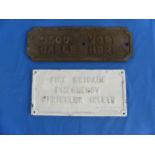 Two Cast iron Signs, a Fire Brigade Emergency Sprinkler inlet sign, (repainted) 39cm x 19cm,