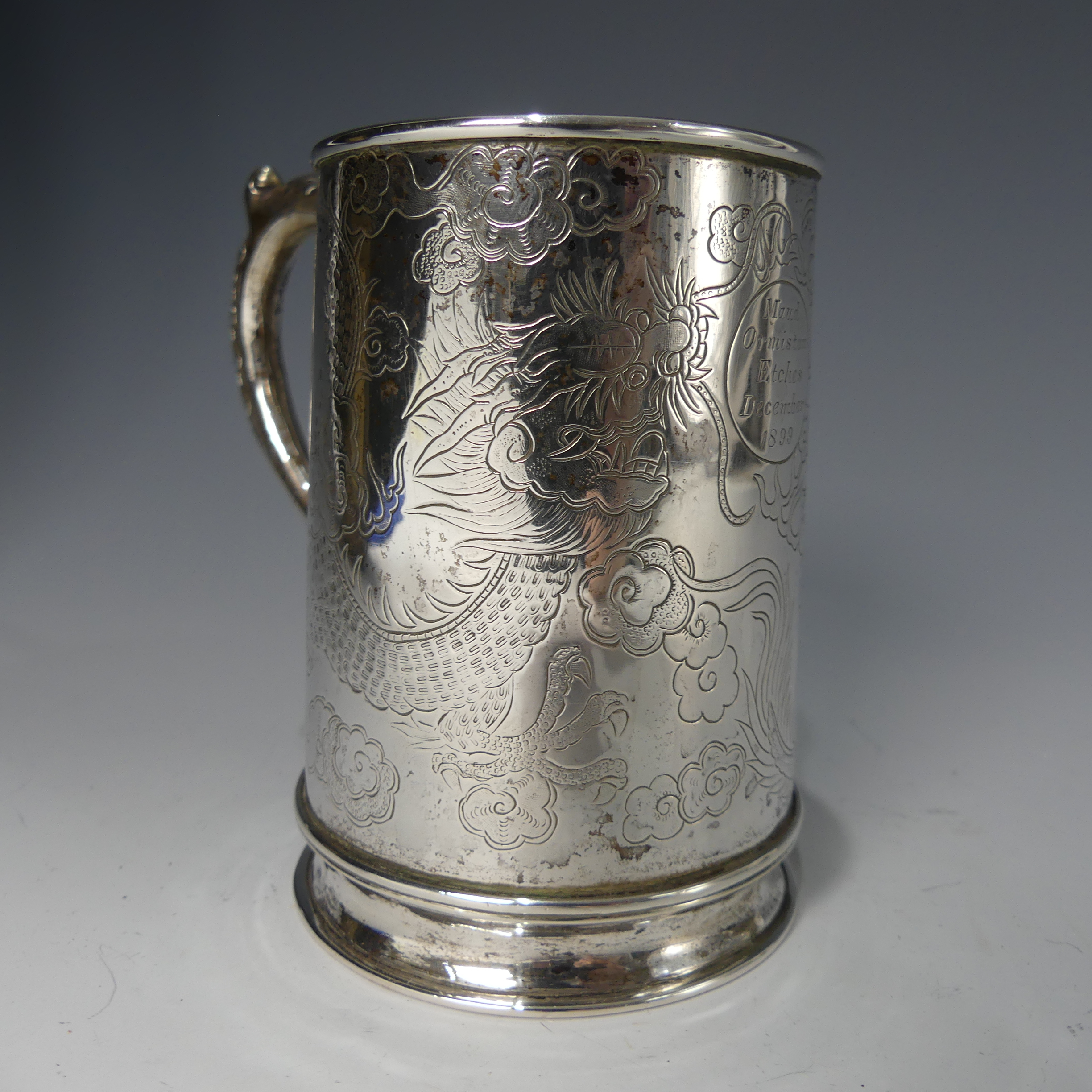 A 19thC Chinese export silver Mug, by Hung Chong, of conical form with engraved scrolling dragon - Image 3 of 14