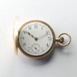 An 18ct yellow gold half hunter Fob Watch, the white enamel dial with Arabic Numerals and subsidiary