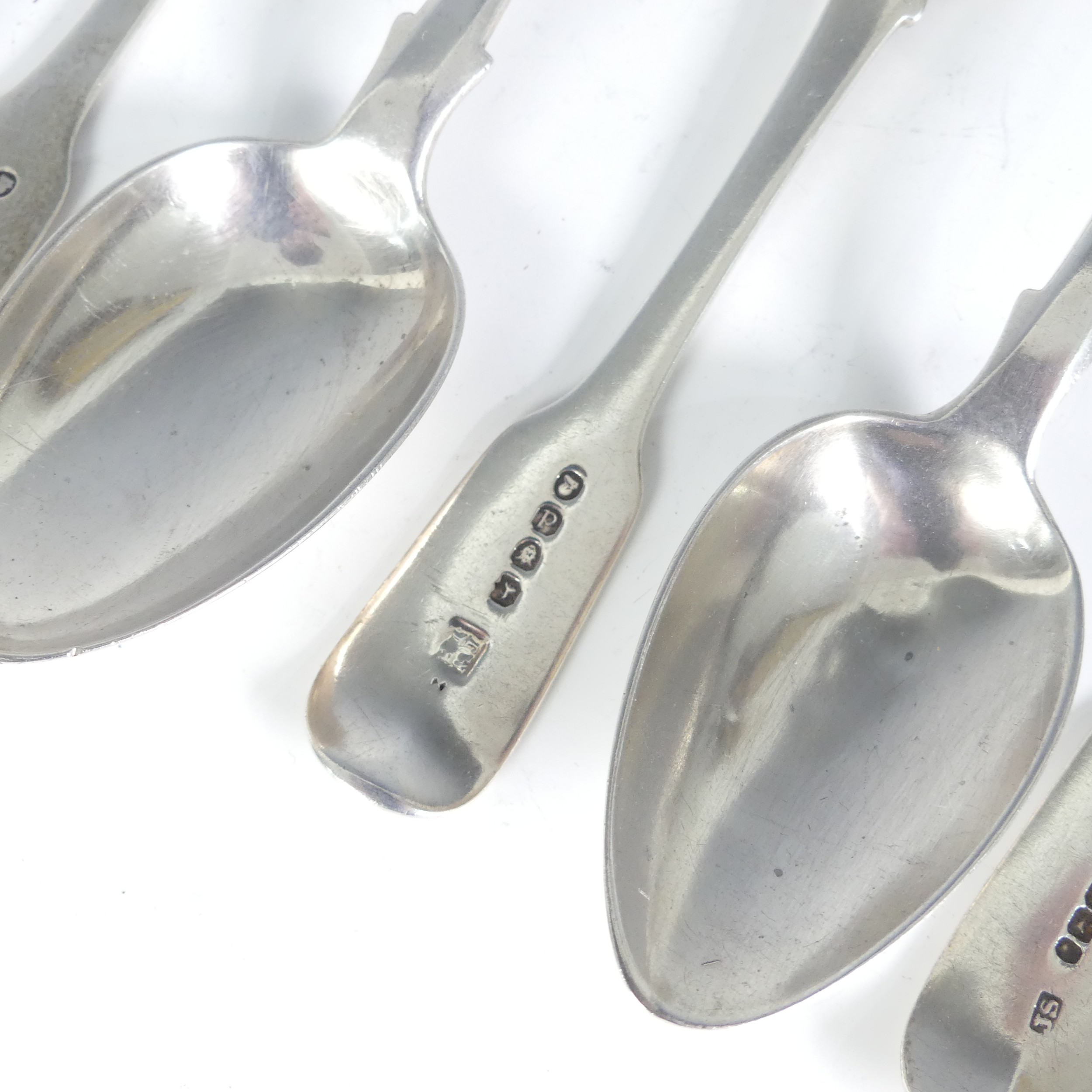 A set of three Victorian silver fiddle pattern Dessert Spoons, by John Stone, hallmarked Exeter - Image 4 of 4