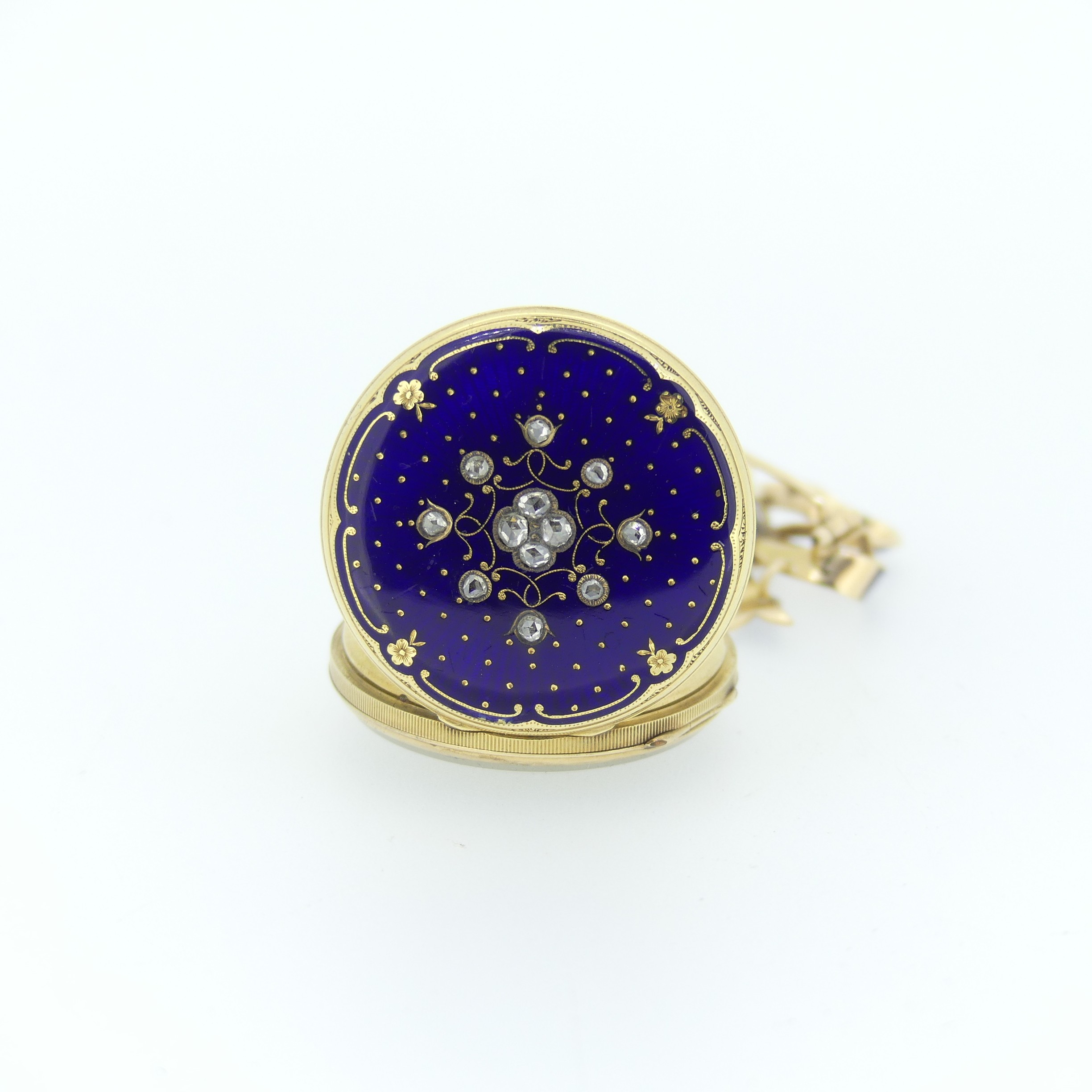 A 19thC Continental 14ct gold, enamel and diamond set Fob Watch, by Rossel & Fils, Geneve, signed on - Image 6 of 17