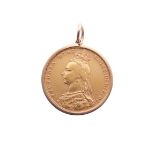 A Victorian gold Sovereign dated 1892, Melbourne mint, in 9ct pendant mount, total weight 8.7g.