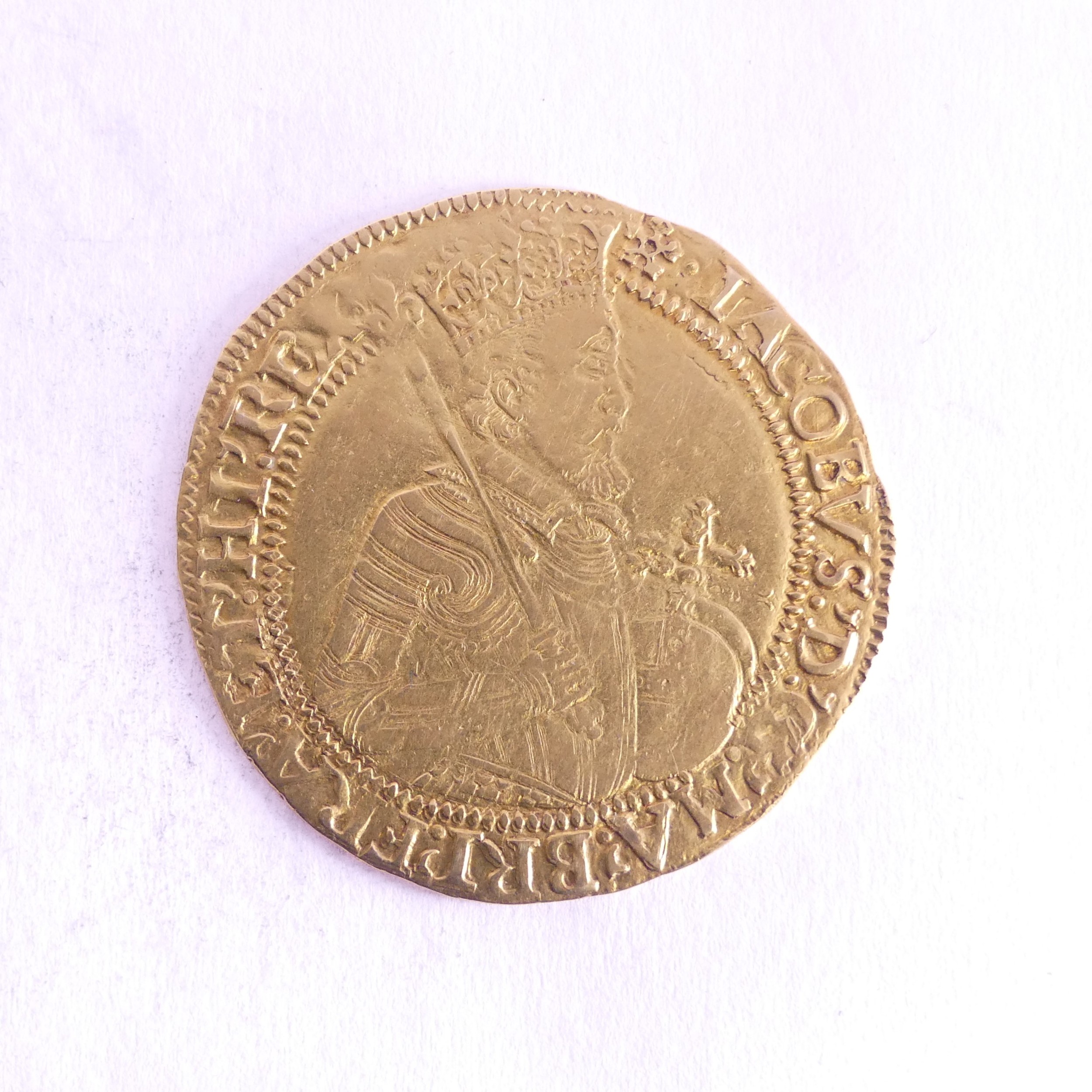 A James I (1603-25) gold Unite, 5th bust, mm. cinquefoil, the obverse doubly struck. Provenance; The