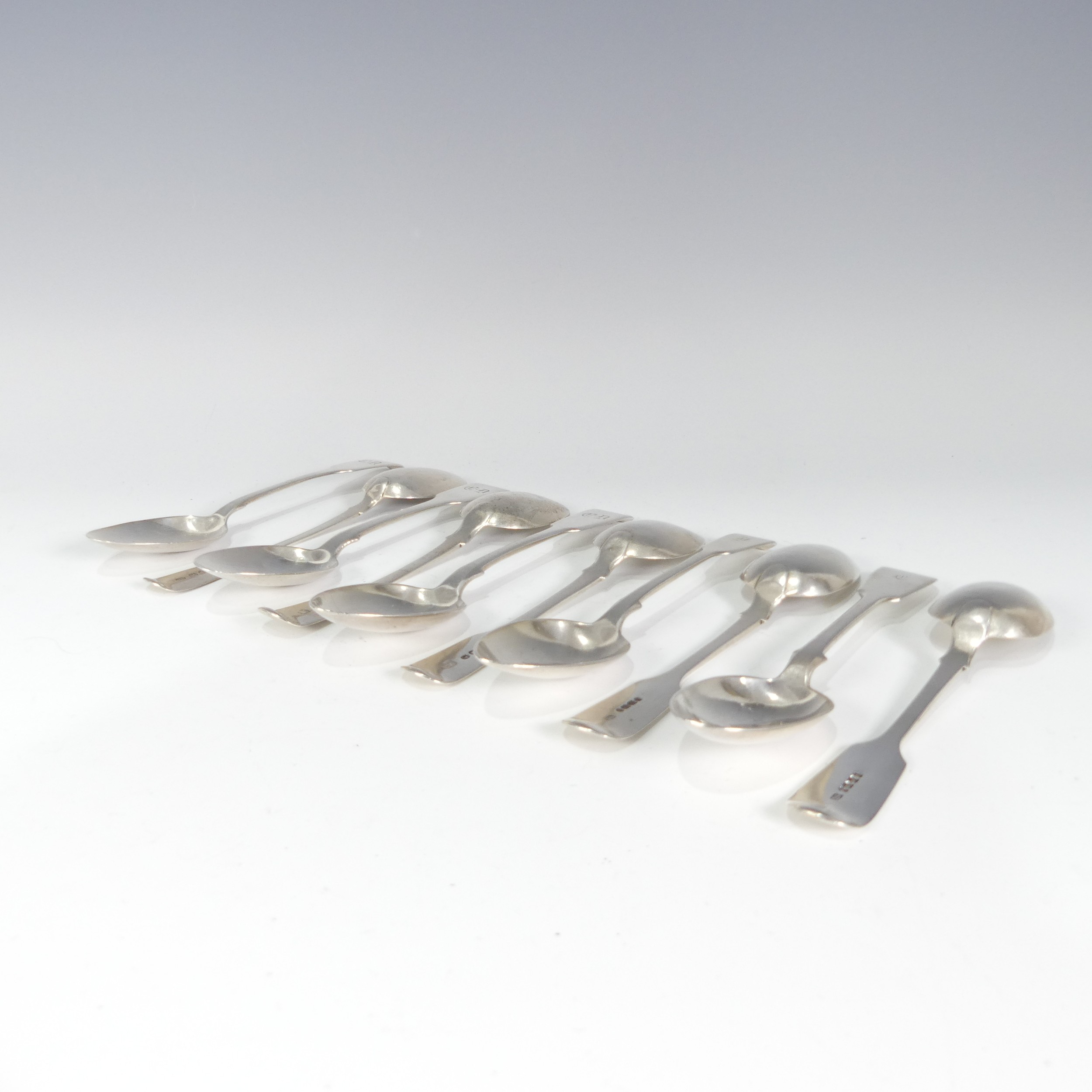 A set of three Victorian silver fiddle pattern Dessert Spoons, by John Stone, hallmarked Exeter - Image 2 of 4