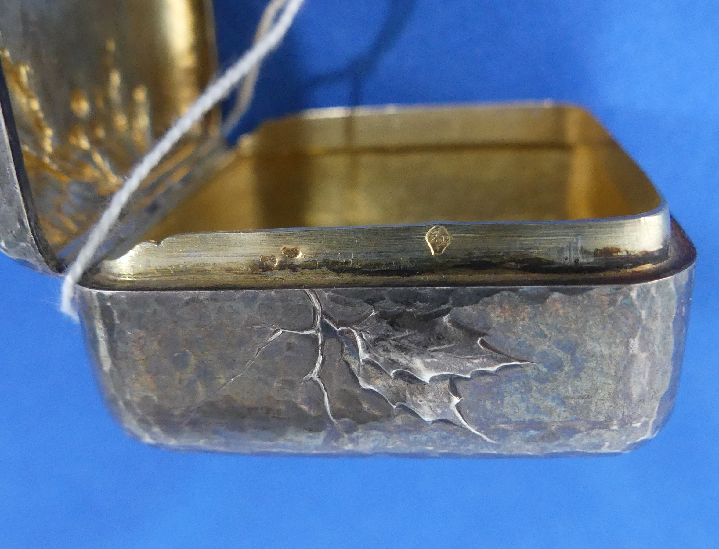 A French silver Pot, of square form with hammered decoration, the hinged cover with applied holly - Image 6 of 6