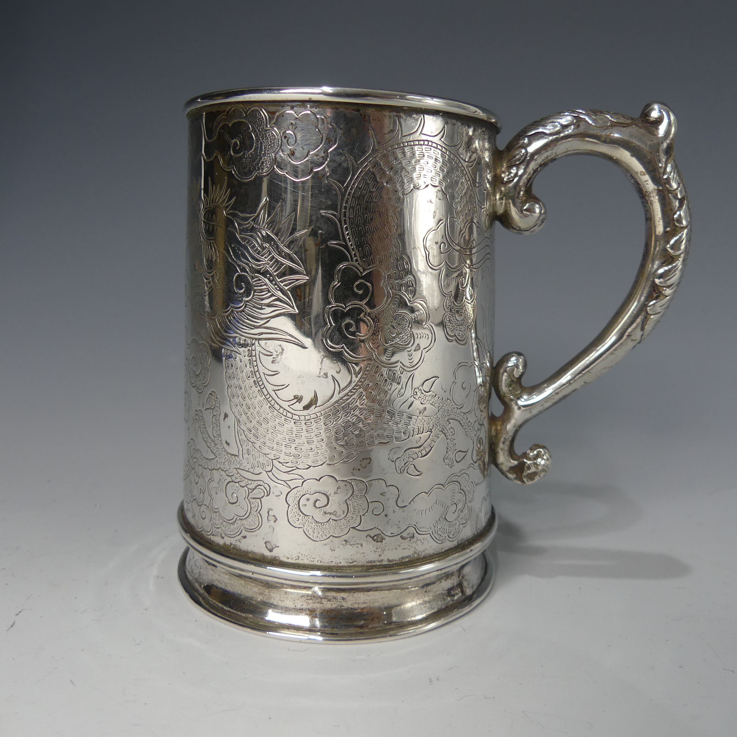 A 19thC Chinese export silver Mug, by Hung Chong, of conical form with engraved scrolling dragon - Image 4 of 14